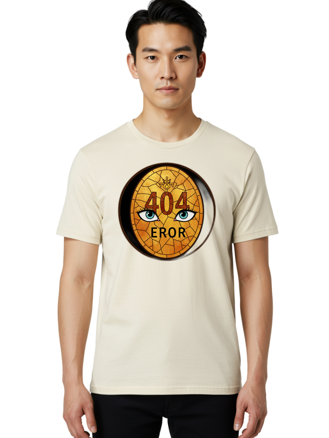 404-Error-7 Men'S Graphic Tee, 100% Cotton, Comfortable Casual Summer Wear, Machine Washable, 404 Error Message, Stained Glass Art, Mysterious Eyes, Website Error, Broken Link, Technical Issue, Surreal Design, Eye-Catching Graphic, Baa081