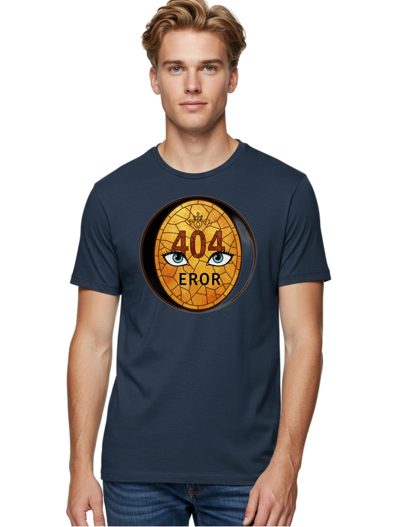 404-Error-7 Men'S Graphic Tee, 100% Cotton, Comfortable Casual Summer Wear, Machine Washable, 404 Error Message, Stained Glass Art, Mysterious Eyes, Website Error, Broken Link, Technical Issue, Surreal Design, Eye-Catching Graphic, Baa081
