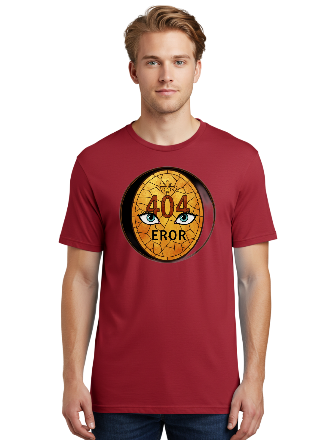 404-Error-7 Men'S Graphic Tee, 100% Cotton, Comfortable Casual Summer Wear, Machine Washable, 404 Error Message, Stained Glass Art, Mysterious Eyes, Website Error, Broken Link, Technical Issue, Surreal Design, Eye-Catching Graphic, Baa081