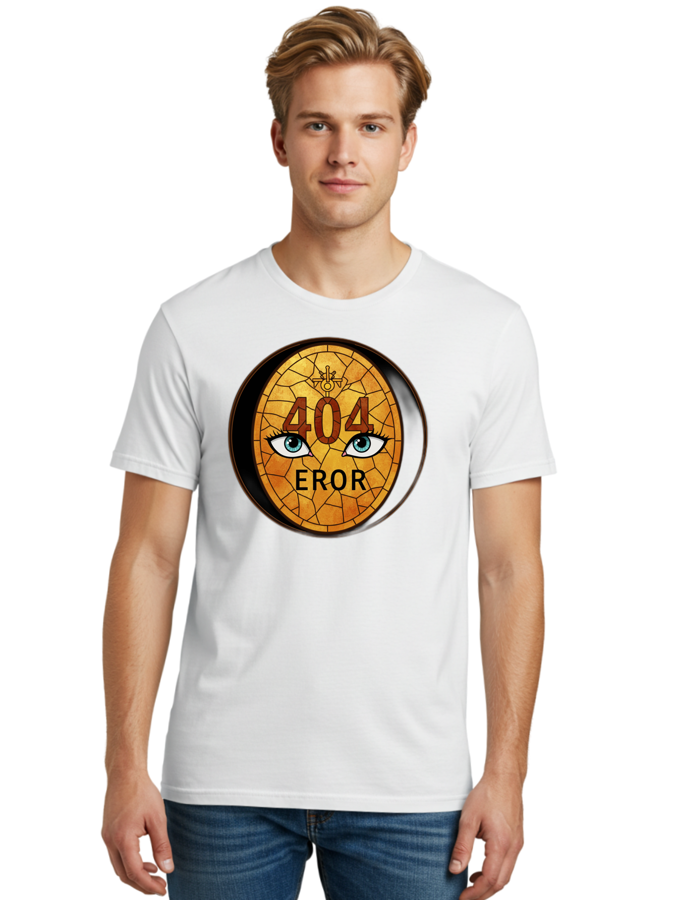 404-Error-7 Men'S Graphic Tee, 100% Cotton, Comfortable Casual Summer Wear, Machine Washable, 404 Error Message, Stained Glass Art, Mysterious Eyes, Website Error, Broken Link, Technical Issue, Surreal Design, Eye-Catching Graphic, Baa081