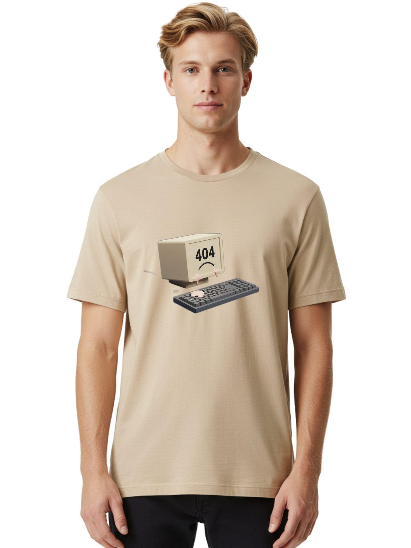 404-Error-Computer Men'S Graphic Tee, 100% Cotton, Comfortable Casual Summer Wear, Machine Washable, Computer Error, 404 Message, Frowning Face, Sad Computer, Technical Issue, Error Screen, Keyboard And Monitor, Digital Malfunction, Baa084