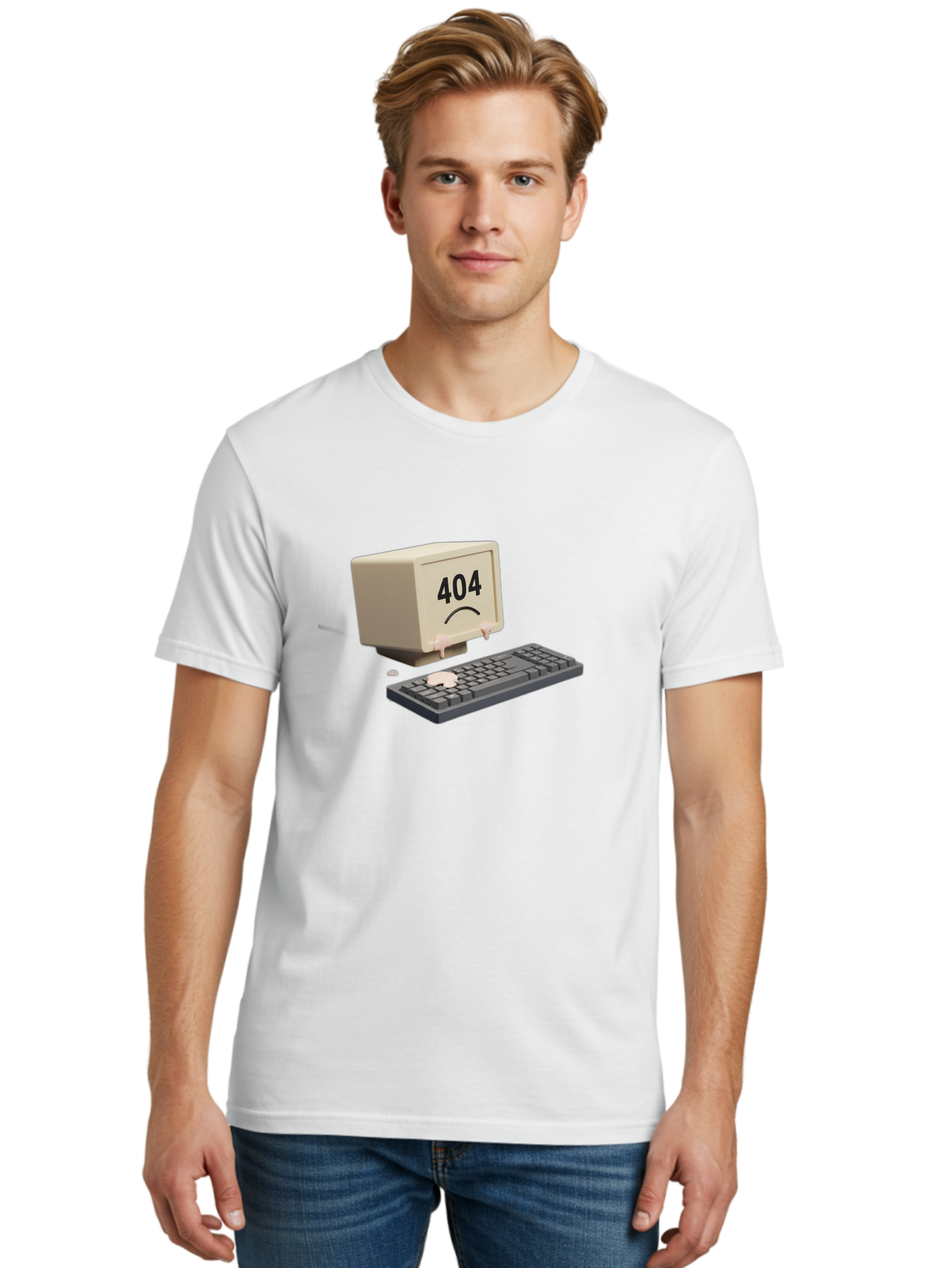 404-Error-Computer Men'S Graphic Tee, 100% Cotton, Comfortable Casual Summer Wear, Machine Washable, Computer Error, 404 Message, Frowning Face, Sad Computer, Technical Issue, Error Screen, Keyboard And Monitor, Digital Malfunction, Baa084