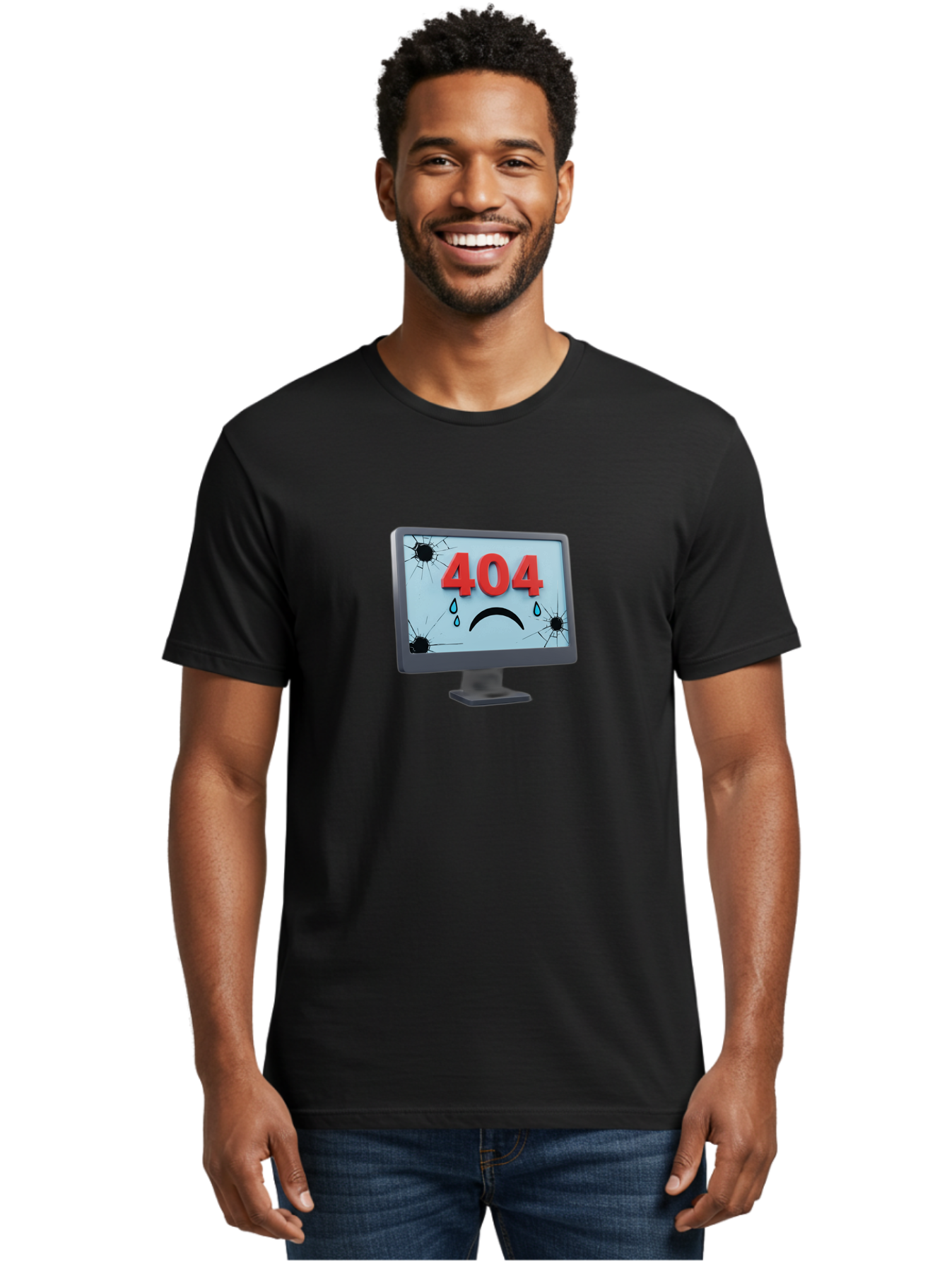 404-Error-Screen-1 Men'S Graphic Tee, 100% Cotton, Comfortable Casual Summer Wear, Machine Washable, Computer Monitor, 404 Error Message, Cracked Screen, Sad Face Emoticon, Blue Tears, Error Notification, Broken Display, Technical Issue, Baa090