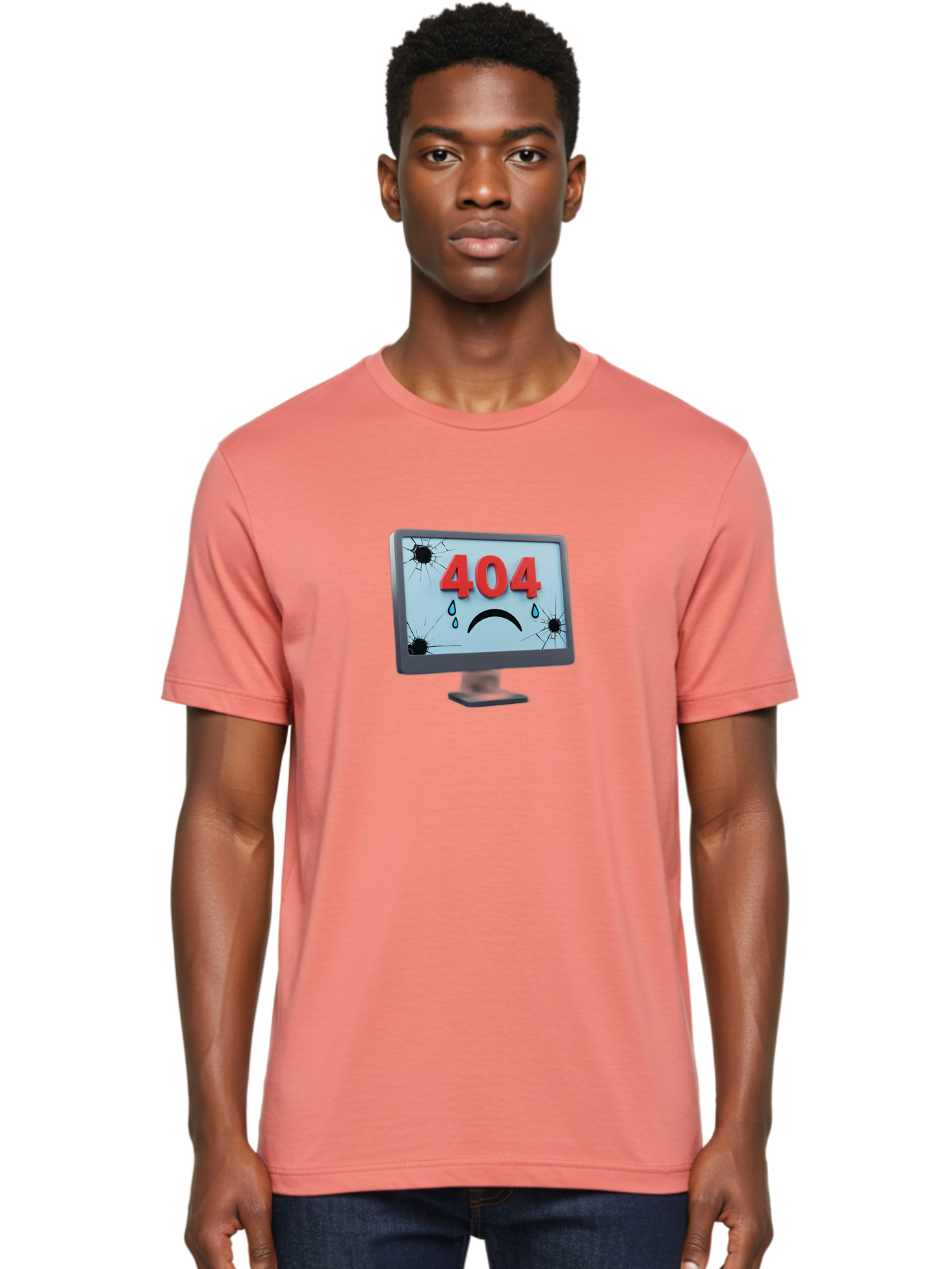 404-Error-Screen-1 Men'S Graphic Tee, 100% Cotton, Comfortable Casual Summer Wear, Machine Washable, Computer Monitor, 404 Error Message, Cracked Screen, Sad Face Emoticon, Blue Tears, Error Notification, Broken Display, Technical Issue, Baa090