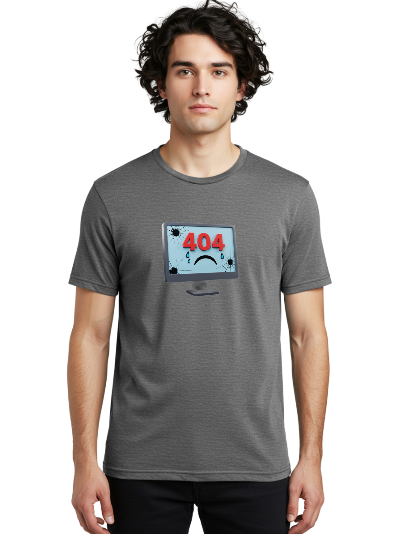 404-Error-Screen-1 Men'S Graphic Tee, 100% Cotton, Comfortable Casual Summer Wear, Machine Washable, Computer Monitor, 404 Error Message, Cracked Screen, Sad Face Emoticon, Blue Tears, Error Notification, Broken Display, Technical Issue, Baa090