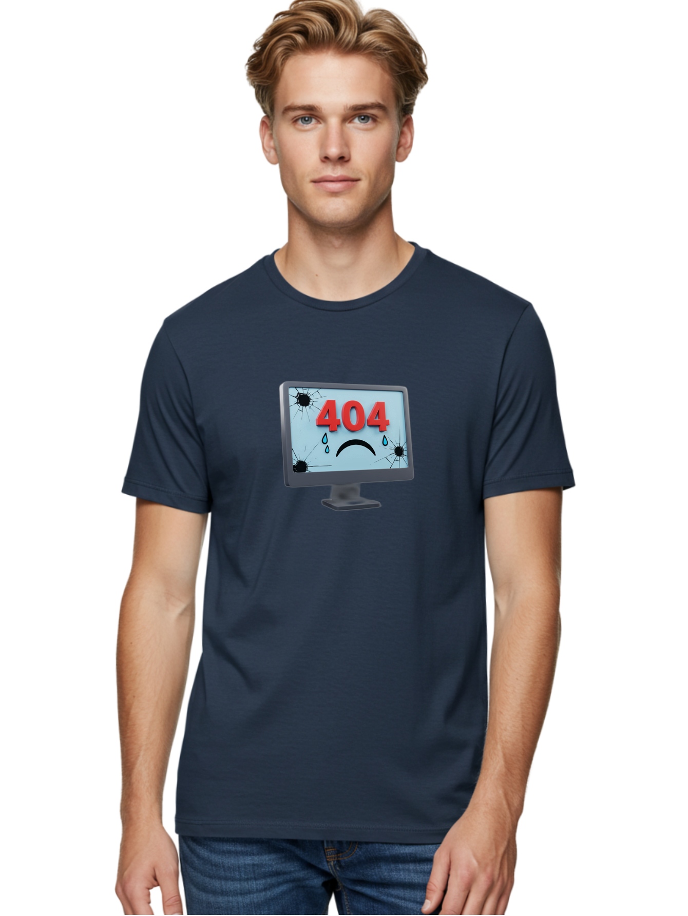 404-Error-Screen-1 Men'S Graphic Tee, 100% Cotton, Comfortable Casual Summer Wear, Machine Washable, Computer Monitor, 404 Error Message, Cracked Screen, Sad Face Emoticon, Blue Tears, Error Notification, Broken Display, Technical Issue, Baa090