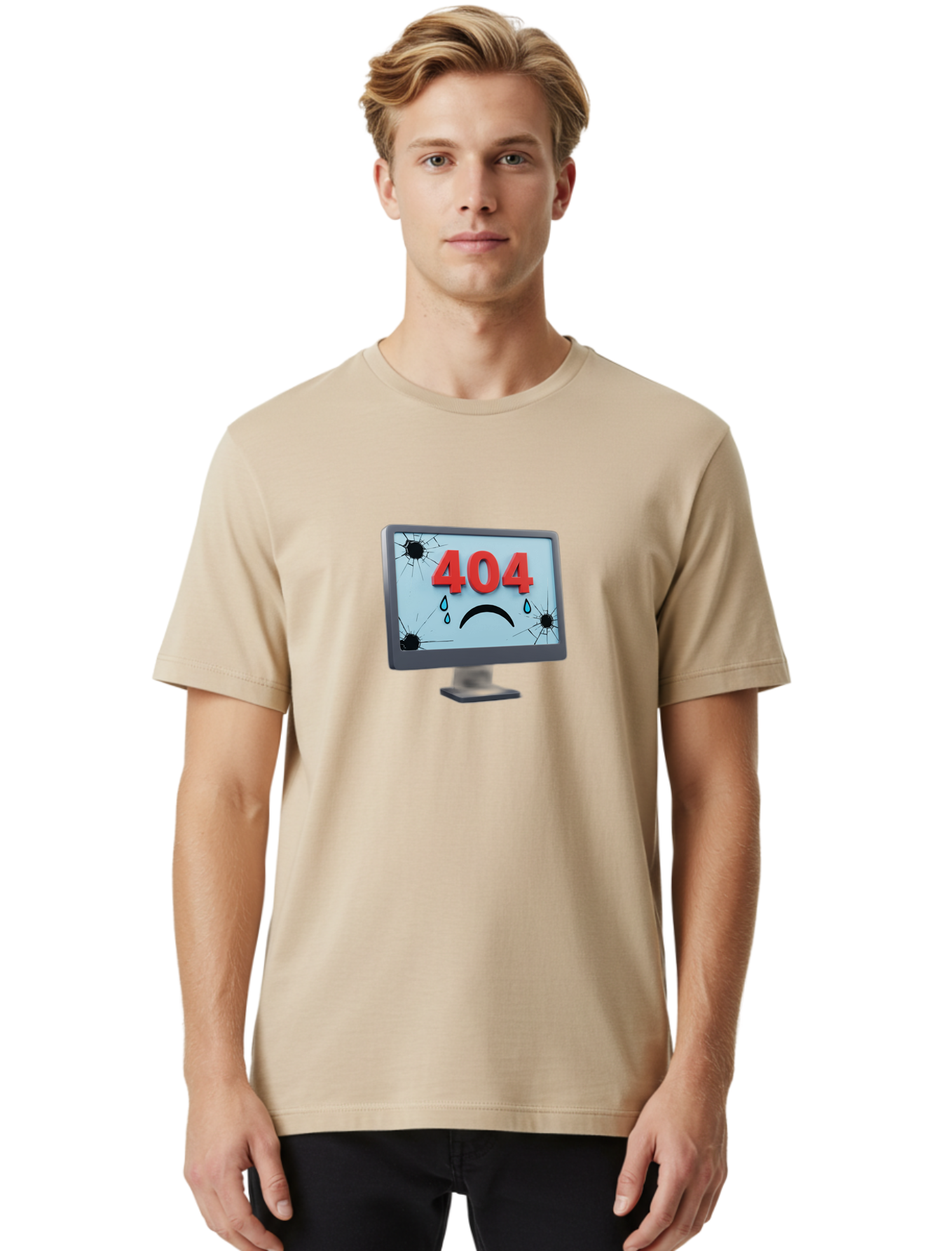 404-Error-Screen-1 Men'S Graphic Tee, 100% Cotton, Comfortable Casual Summer Wear, Machine Washable, Computer Monitor, 404 Error Message, Cracked Screen, Sad Face Emoticon, Blue Tears, Error Notification, Broken Display, Technical Issue, Baa090