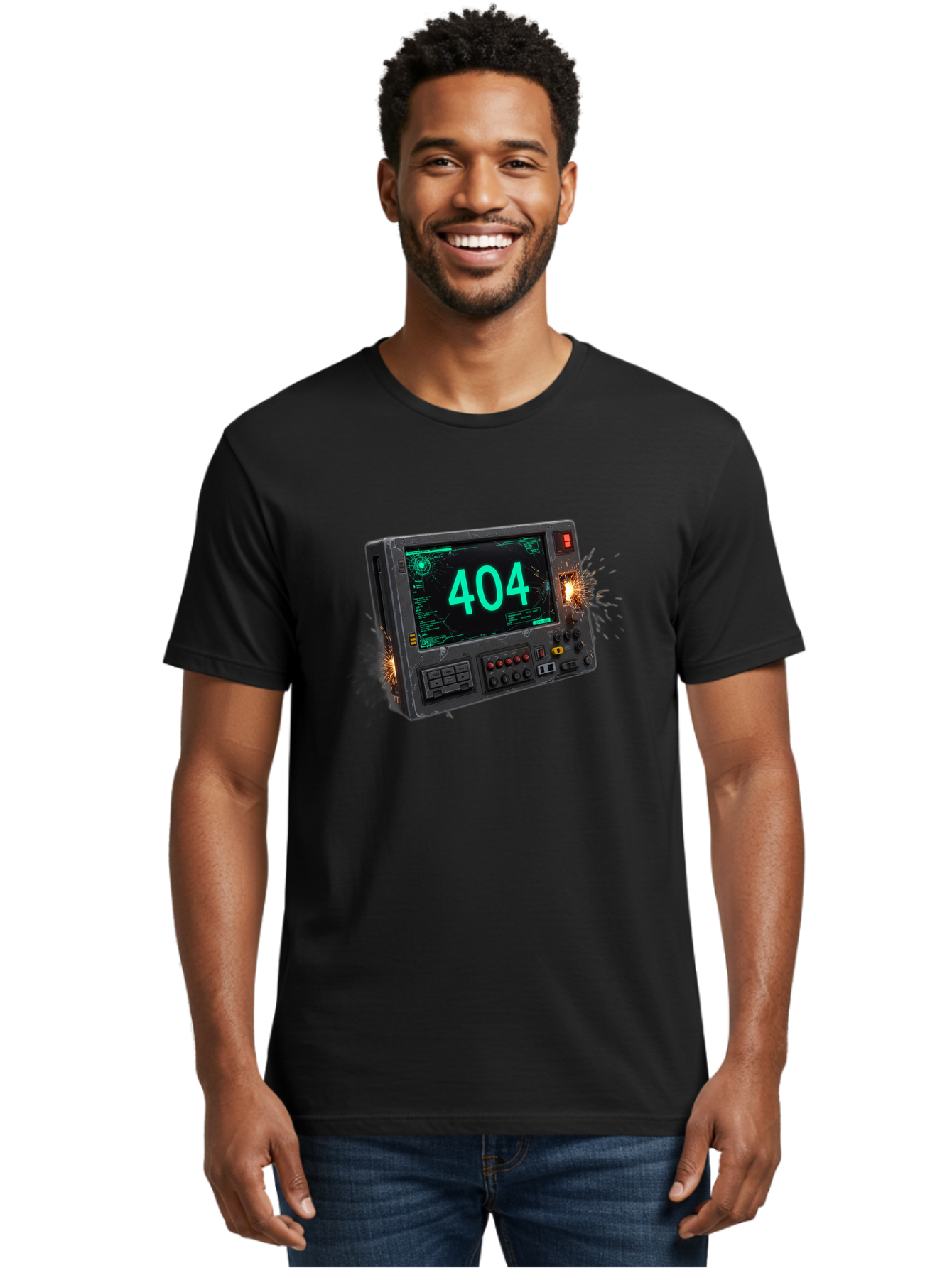 404-Error-Screen Men'S Graphic Tee, 100% Cotton, Comfortable Casual Summer Wear, Machine Washable, Error Message, 404, Computer Screen, Sparks Flying, Malfunctioning, Cyberpunk, Digital Glitches, Futuristic Technology, Error Code Baa091