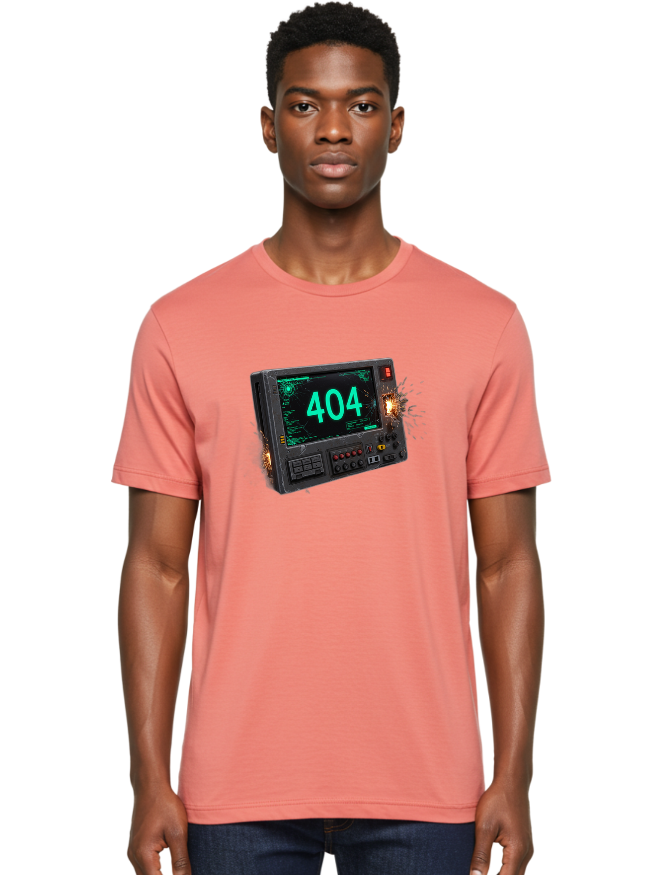 404-Error-Screen Men'S Graphic Tee, 100% Cotton, Comfortable Casual Summer Wear, Machine Washable, Error Message, 404, Computer Screen, Sparks Flying, Malfunctioning, Cyberpunk, Digital Glitches, Futuristic Technology, Error Code Baa091