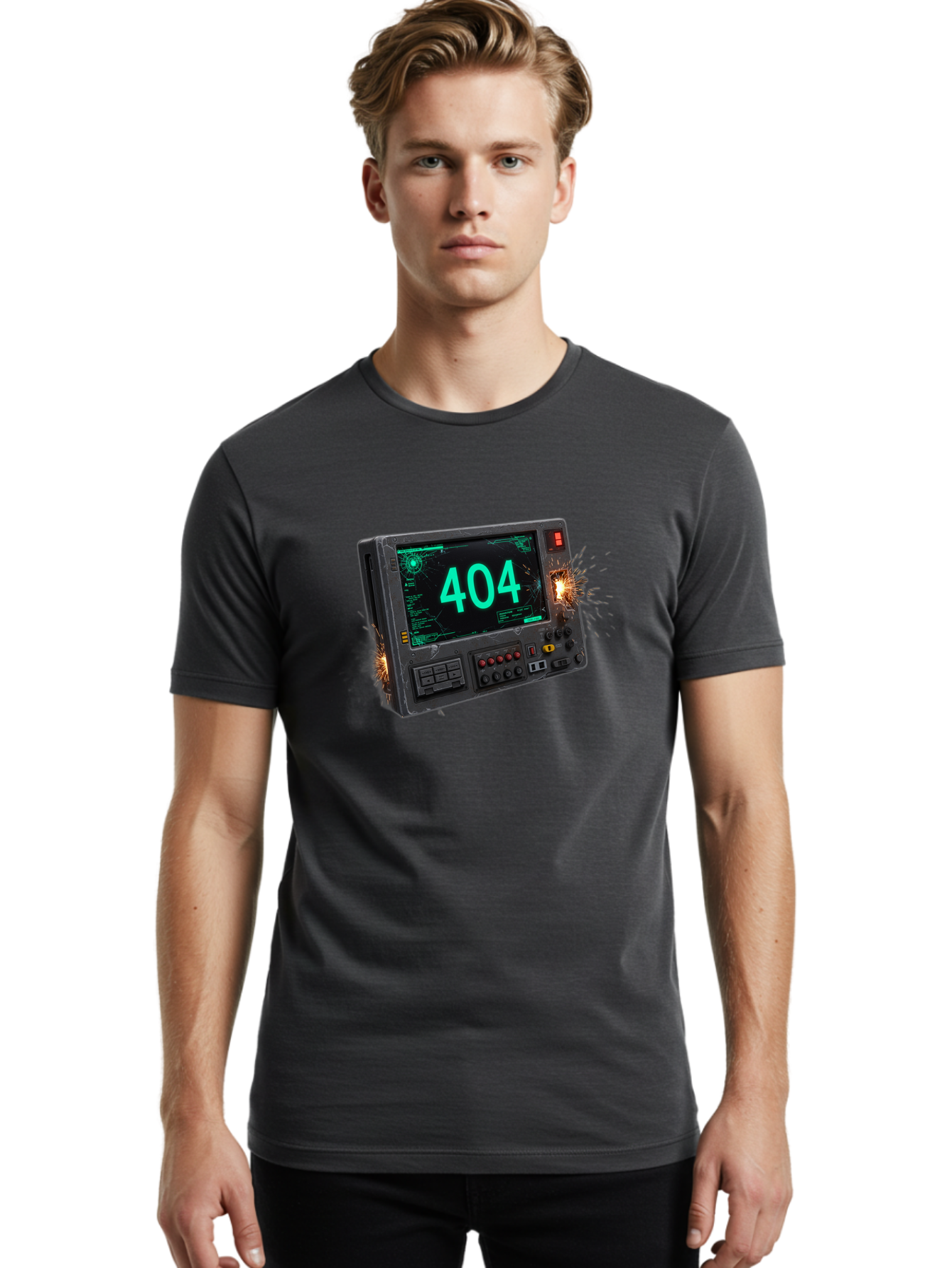 404-Error-Screen Men'S Graphic Tee, 100% Cotton, Comfortable Casual Summer Wear, Machine Washable, Error Message, 404, Computer Screen, Sparks Flying, Malfunctioning, Cyberpunk, Digital Glitches, Futuristic Technology, Error Code Baa091