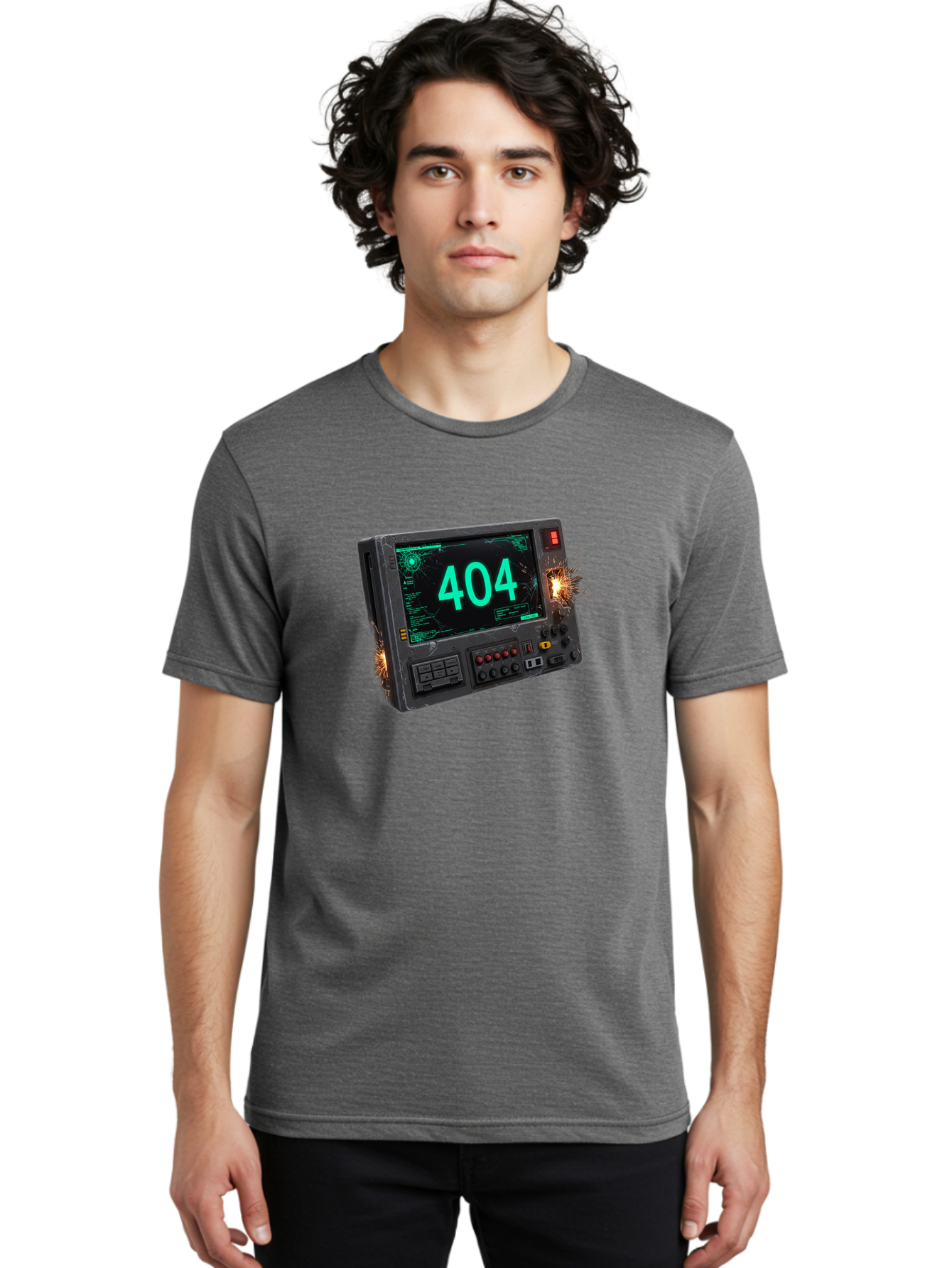 404-Error-Screen Men'S Graphic Tee, 100% Cotton, Comfortable Casual Summer Wear, Machine Washable, Error Message, 404, Computer Screen, Sparks Flying, Malfunctioning, Cyberpunk, Digital Glitches, Futuristic Technology, Error Code Baa091