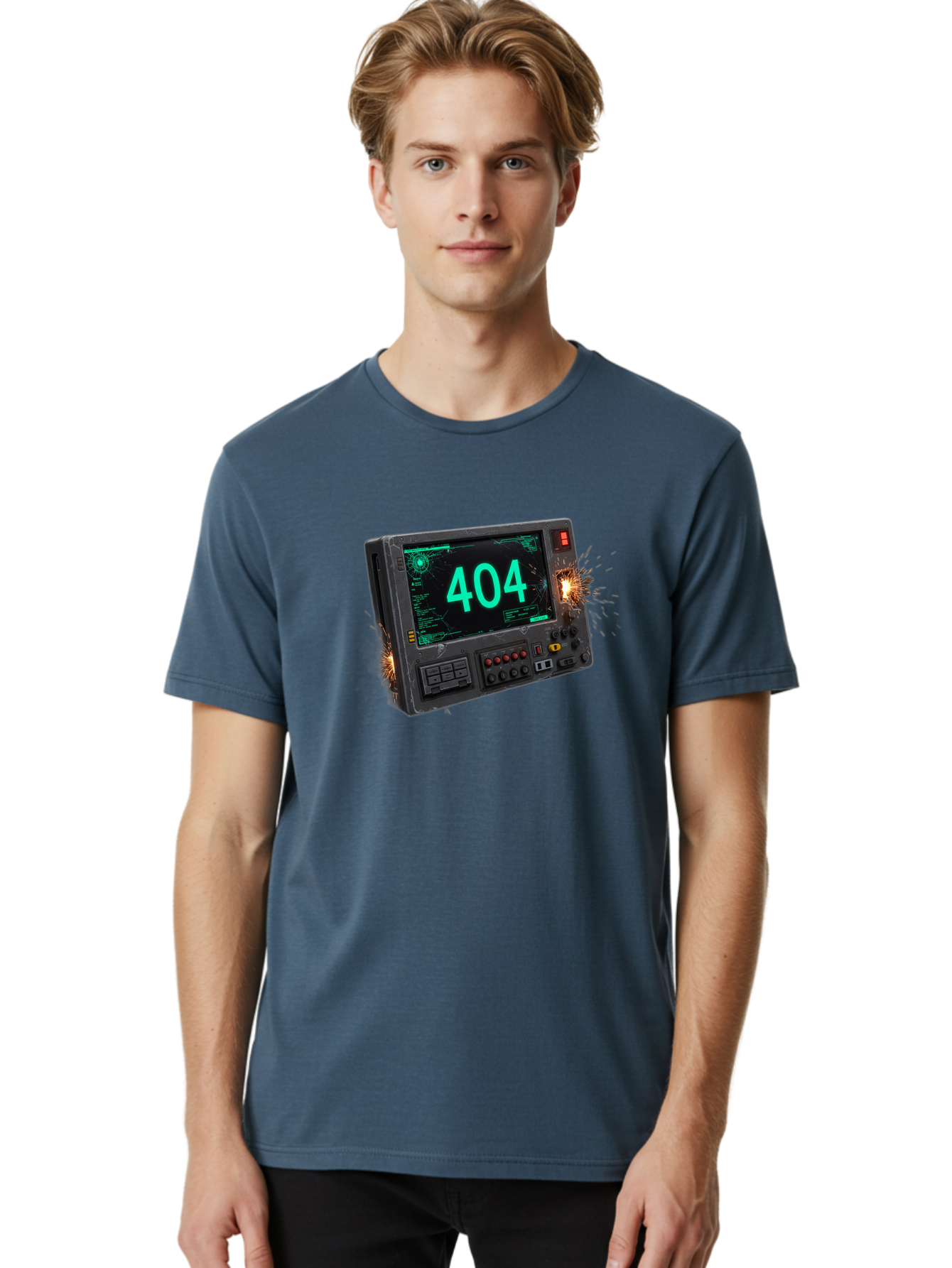 404-Error-Screen Men'S Graphic Tee, 100% Cotton, Comfortable Casual Summer Wear, Machine Washable, Error Message, 404, Computer Screen, Sparks Flying, Malfunctioning, Cyberpunk, Digital Glitches, Futuristic Technology, Error Code Baa091