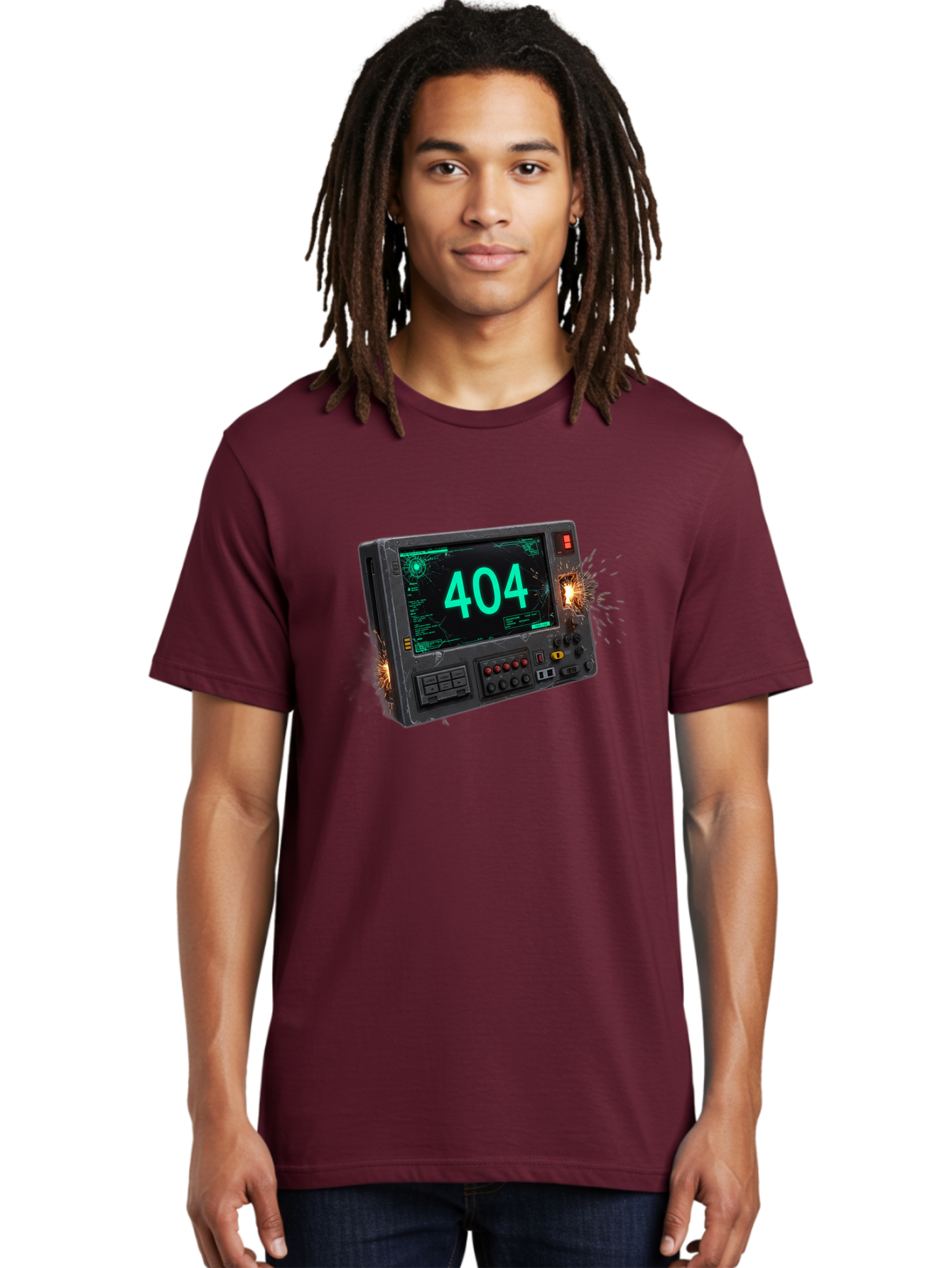 404-Error-Screen Men'S Graphic Tee, 100% Cotton, Comfortable Casual Summer Wear, Machine Washable, Error Message, 404, Computer Screen, Sparks Flying, Malfunctioning, Cyberpunk, Digital Glitches, Futuristic Technology, Error Code Baa091