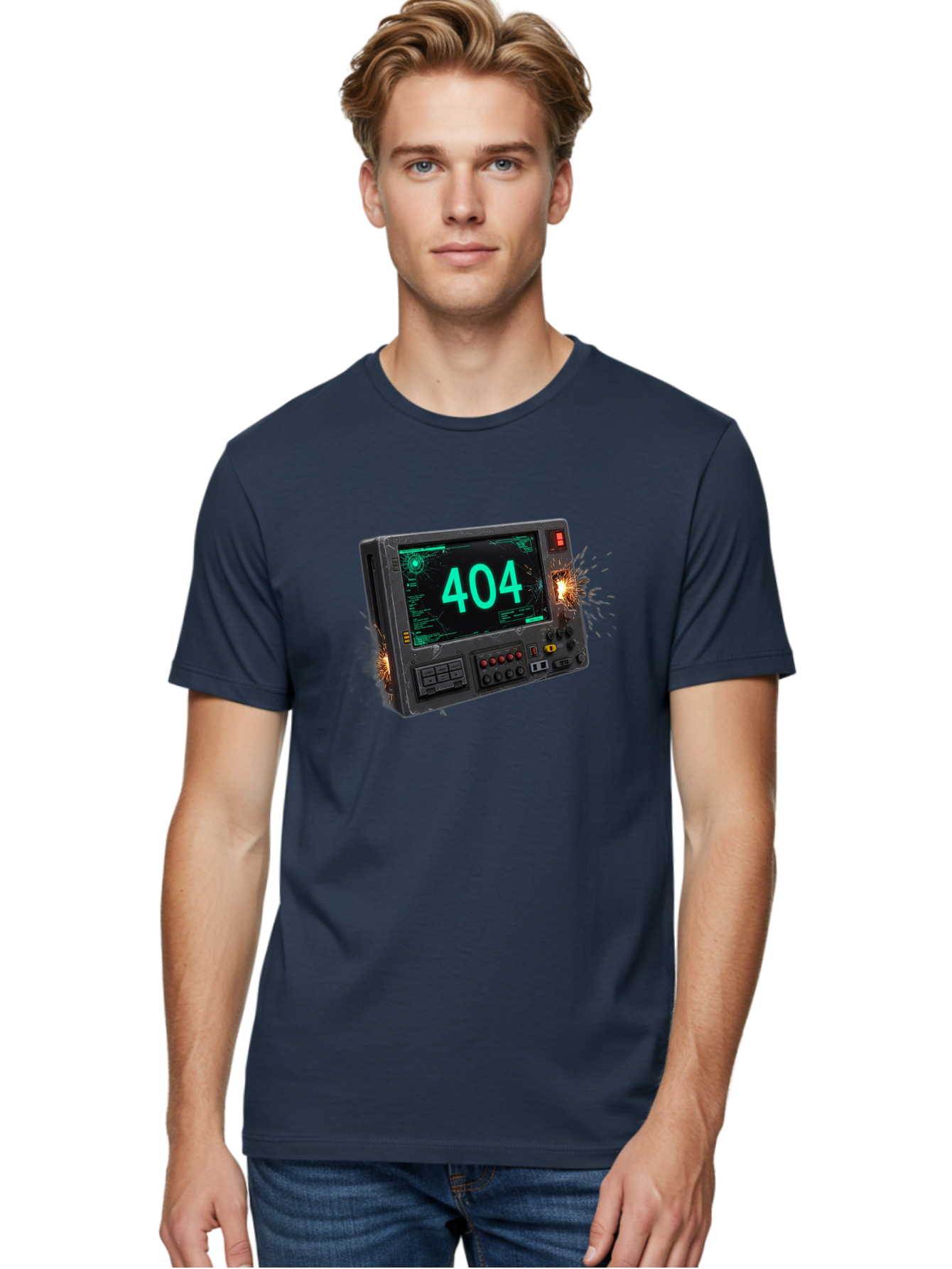404-Error-Screen Men'S Graphic Tee, 100% Cotton, Comfortable Casual Summer Wear, Machine Washable, Error Message, 404, Computer Screen, Sparks Flying, Malfunctioning, Cyberpunk, Digital Glitches, Futuristic Technology, Error Code Baa091
