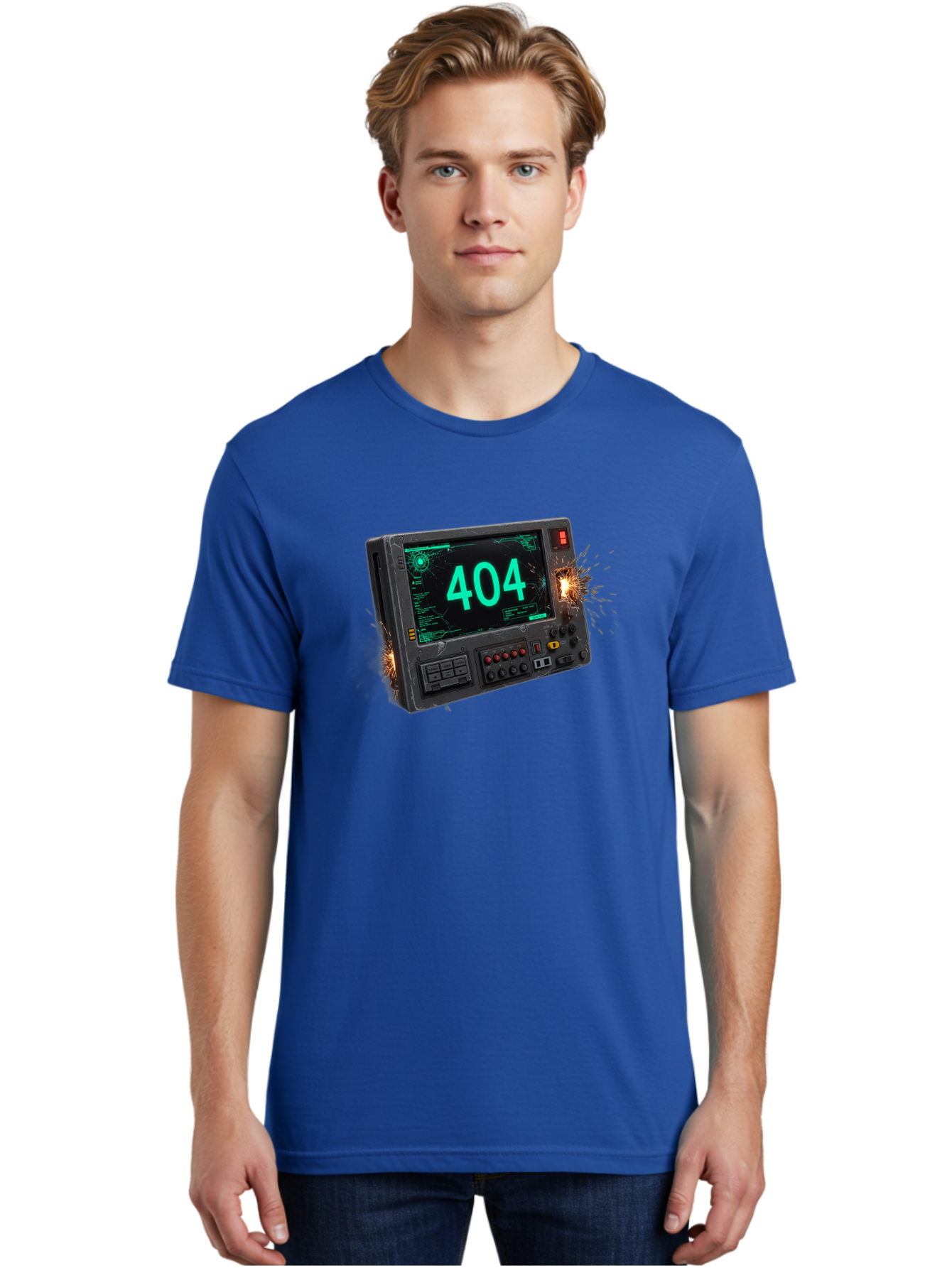 404-Error-Screen Men'S Graphic Tee, 100% Cotton, Comfortable Casual Summer Wear, Machine Washable, Error Message, 404, Computer Screen, Sparks Flying, Malfunctioning, Cyberpunk, Digital Glitches, Futuristic Technology, Error Code Baa091