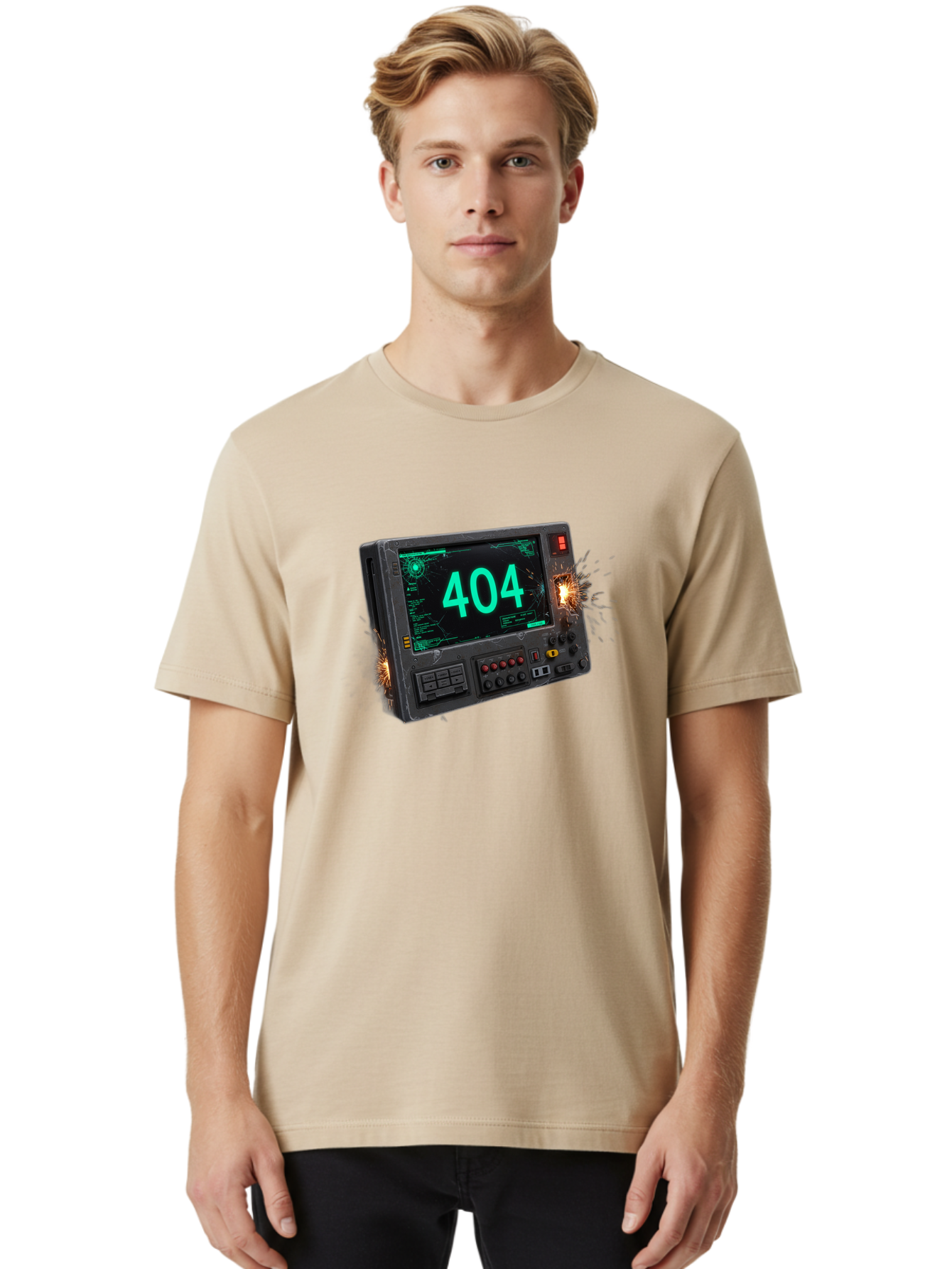 404-Error-Screen Men'S Graphic Tee, 100% Cotton, Comfortable Casual Summer Wear, Machine Washable, Error Message, 404, Computer Screen, Sparks Flying, Malfunctioning, Cyberpunk, Digital Glitches, Futuristic Technology, Error Code Baa091