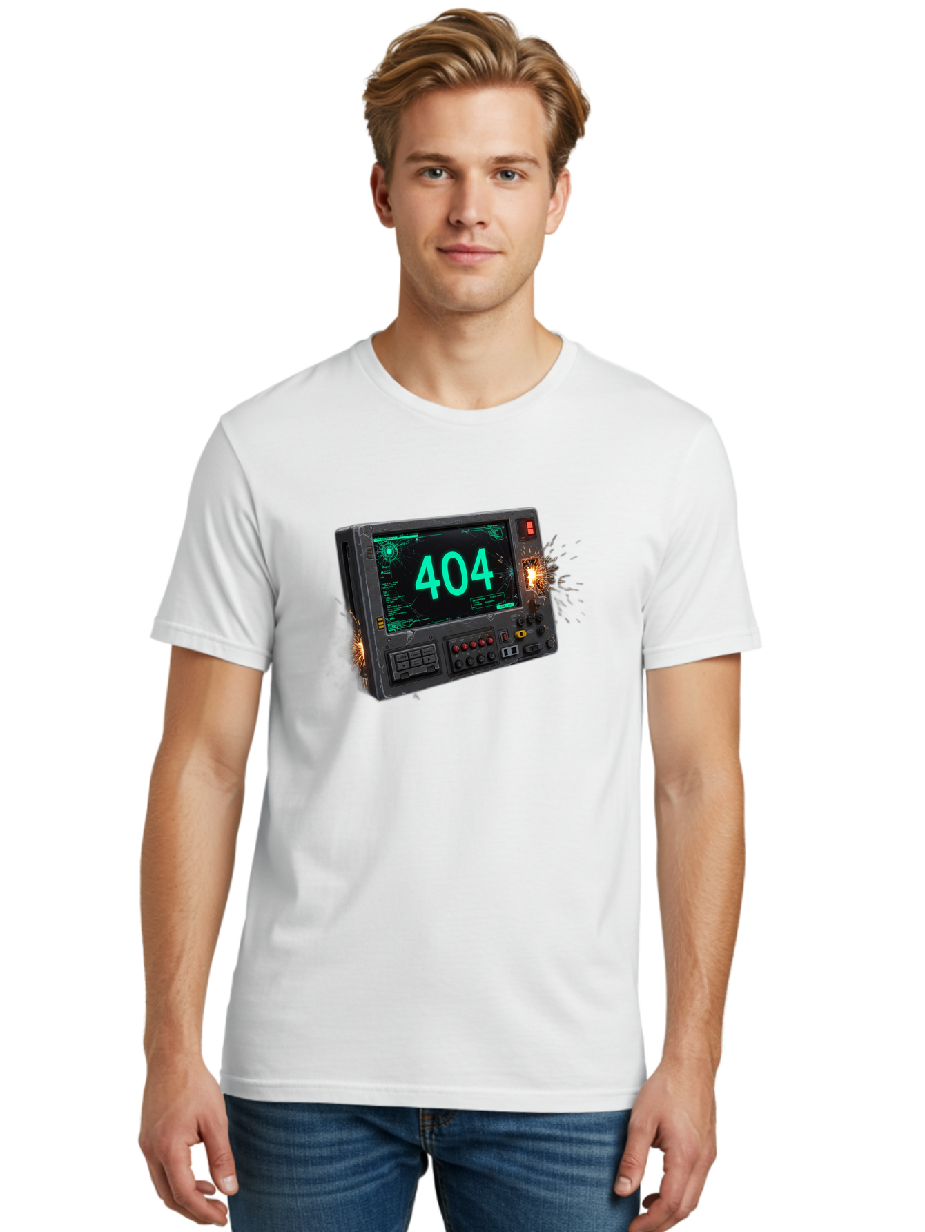 404-Error-Screen Men'S Graphic Tee, 100% Cotton, Comfortable Casual Summer Wear, Machine Washable, Error Message, 404, Computer Screen, Sparks Flying, Malfunctioning, Cyberpunk, Digital Glitches, Futuristic Technology, Error Code Baa091