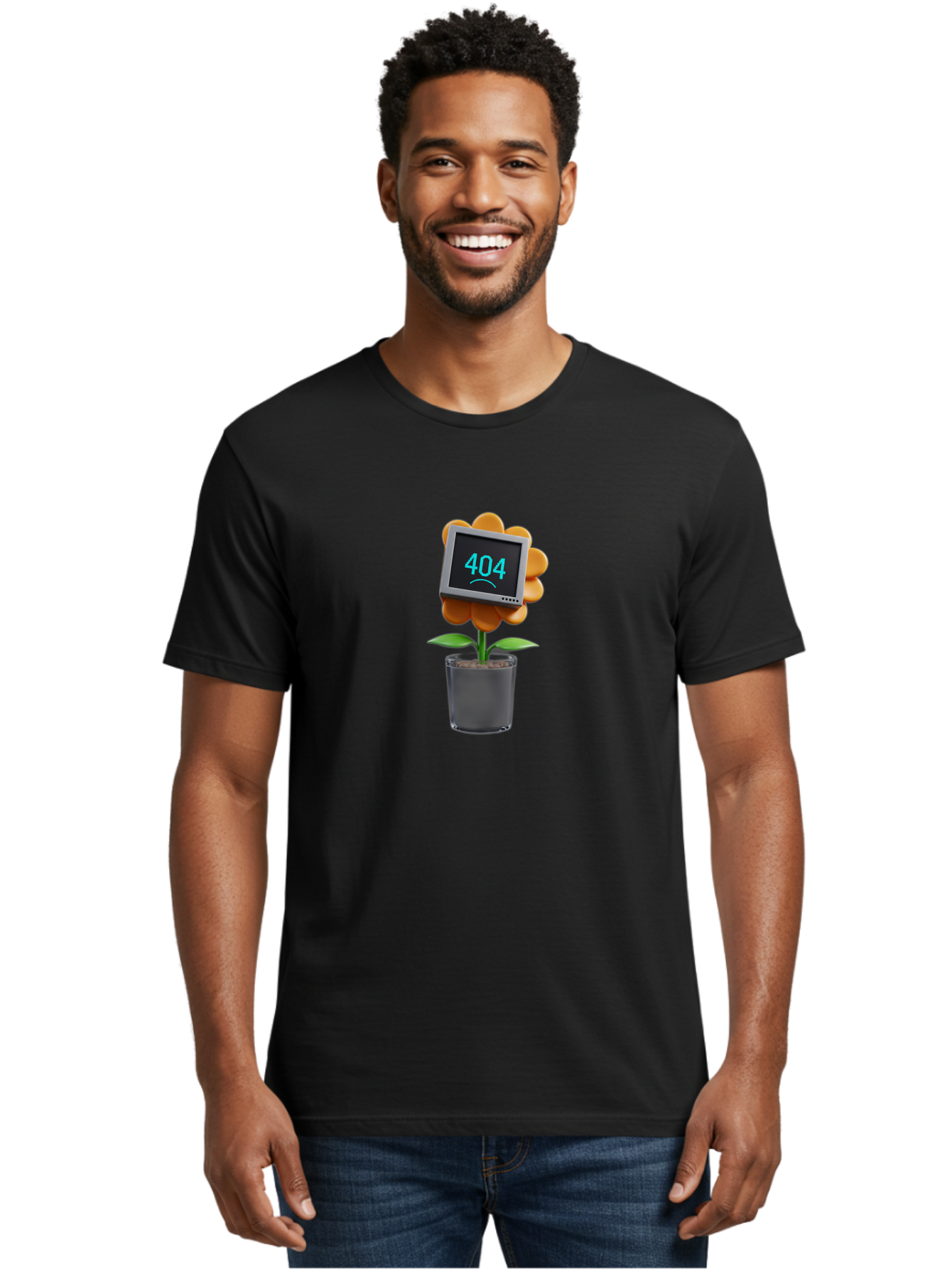 404-Flower Men'S Graphic Tee, 100% Cotton, Comfortable Casual Summer Wear, Machine Washable, Error Message, 404 Page Not Found, Orange Flower, Pot, Screen Display, Sad Face, Technology Glitch, Digital Error, Web Page Issue Baa094