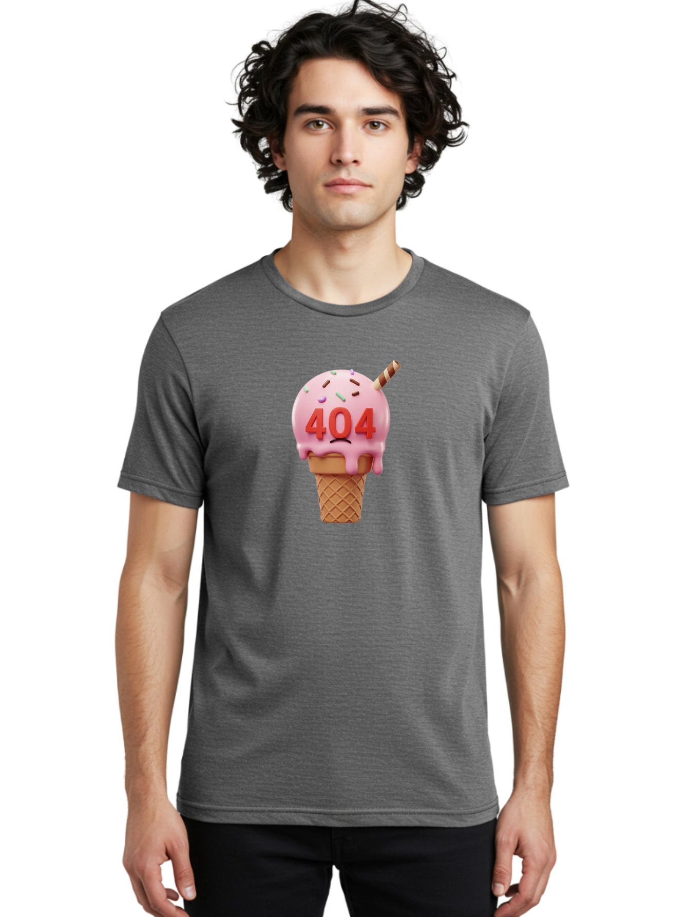 404-Ice-Cream Men'S Graphic Tee, 100% Cotton, Comfortable Casual Summer Wear, Machine Washable, Sad Ice Cream Cone, 404 Error, Pink Ice Cream, Sprinkles, Sweet Treat, Frowning Face, Melting Ice Cream, Error Message, Dessert, 404 Baa095