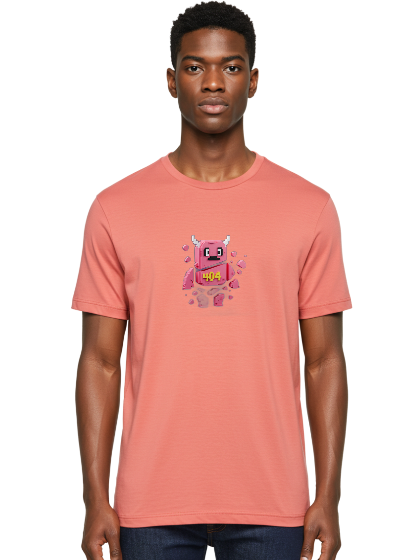 404-Minotaur Men'S Graphic Tee, 100% Cotton, Comfortable Casual Summer Wear, Machine Washable, Pixel Art, 404 Error, Broken Cube, Cute Monster, Glitchy Graphics, Retro Gaming, Digital Art, Funny Illustration, Error Message Baa097