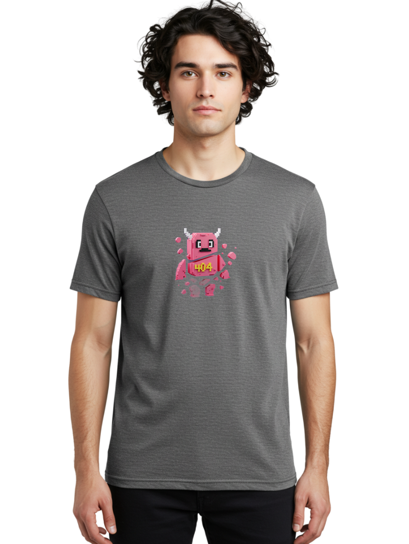 404-Minotaur Men'S Graphic Tee, 100% Cotton, Comfortable Casual Summer Wear, Machine Washable, Pixel Art, 404 Error, Broken Cube, Cute Monster, Glitchy Graphics, Retro Gaming, Digital Art, Funny Illustration, Error Message Baa097