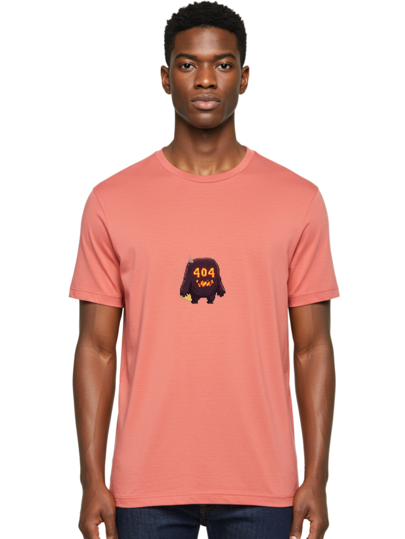 404-Monster-1 Men'S Graphic Tee, 100% Cotton, Comfortable Casual Summer Wear, Machine Washable, Pixel Art Monster, Error Message, 404 Error, Broken Link, Creepy Creature, Digital Art, Halloween Theme, Orange Glow, Dark Creature Baa098