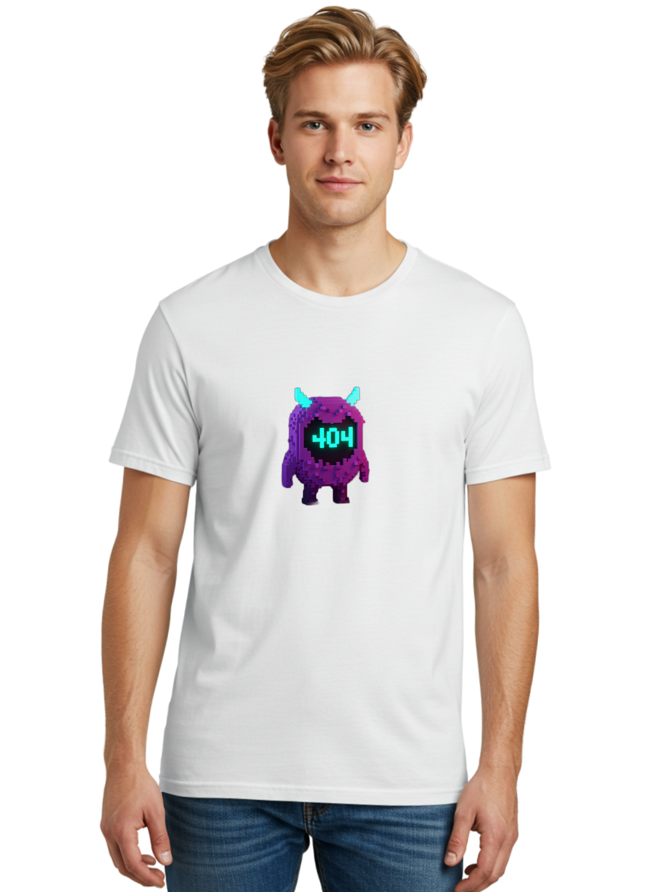 404-Monster-3 Men'S Graphic Tee, 100% Cotton, Comfortable Casual Summer Wear, Machine Washable, Pixel Art Monster, 404 Error, Digital Creature, Purple Monster, Blue Horns, Error Page, Glitchy Graphics, 8-Bit Style, Retro Gaming Baa100
