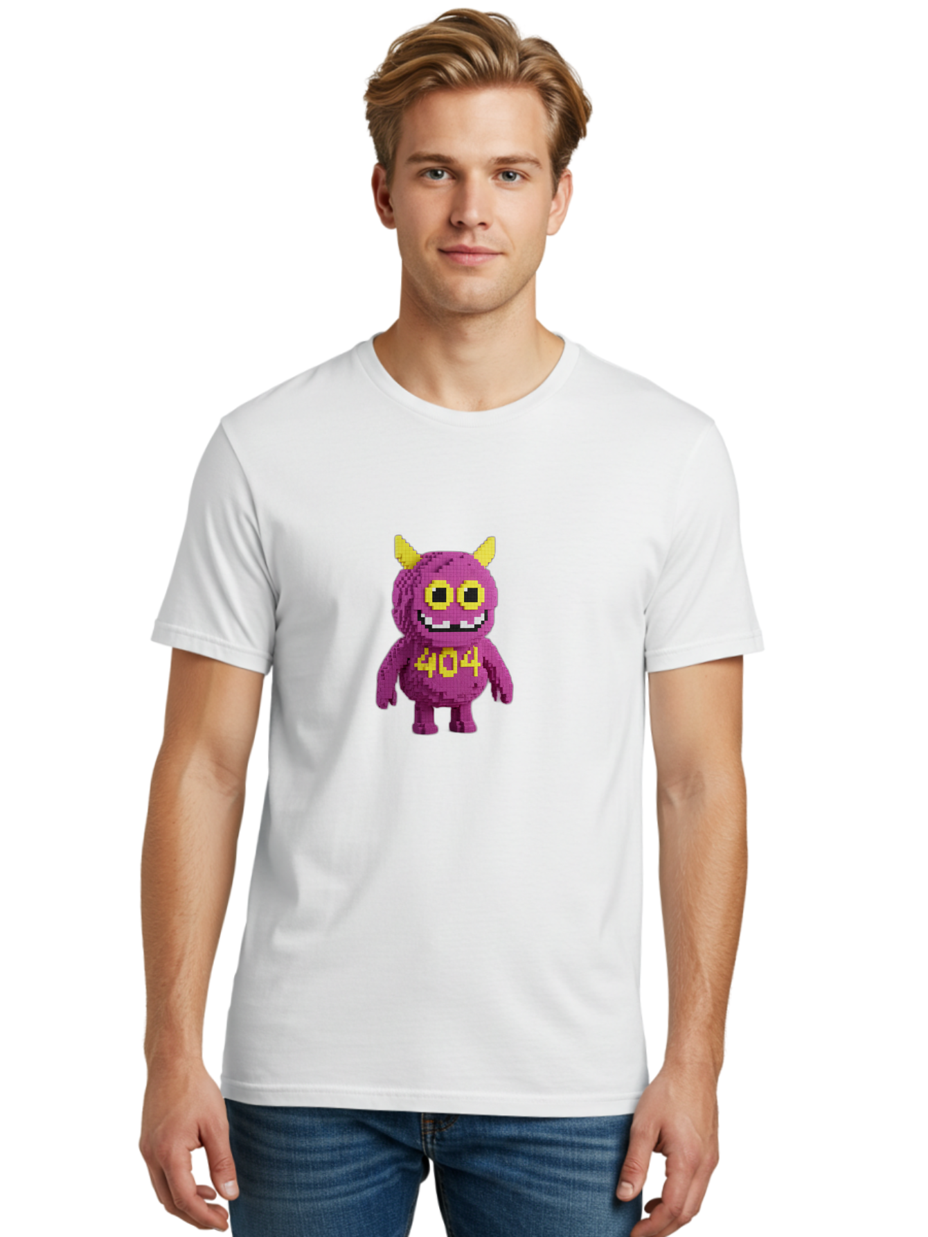 404-Monster-4 Men'S Graphic Tee, 100% Cotton, Comfortable Casual Summer Wear, Machine Washable, Pixel Art Monster, Purple Creature, Yellow Horns, 404 Error, Cartoon Character, Funny Design, Web Error Icon, Cute Pixel Monster, Digital Art, Baa101