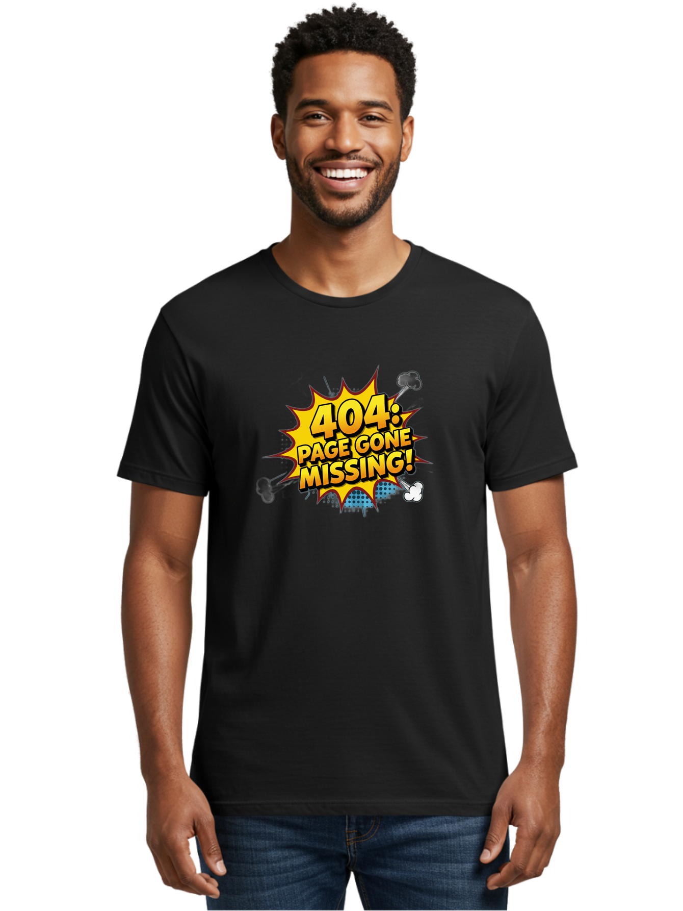 404-Page-Gone-Missing Men'S Graphic Tee, 100% Cotton, Comfortable Casual Summer Wear, Machine Washable, 404 Error Message, Page Not Found, Missing Page, Cartoon-Style Comic, Yellow And Blue Graphics, Funny Illustrations, Humorous Tone, Baa104