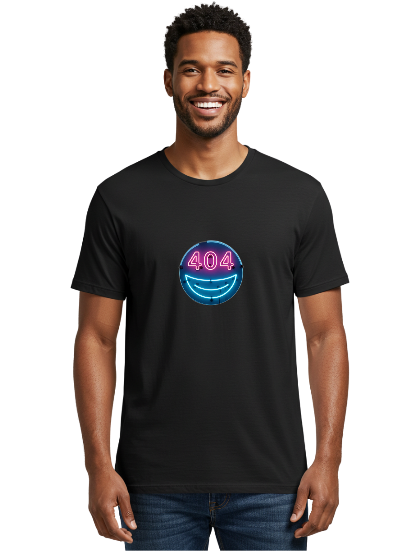 404-Smile Men'S Graphic Tee, 100% Cotton, Comfortable Casual Summer Wear, Machine Washable, Neon Smiley Face, 404 Error Message, Error Page, Pink Neon Numbers, Blue Neon Smile, Funny Error, Website Error, Glitch, Tech Humor, Cyber Smile, Baa109