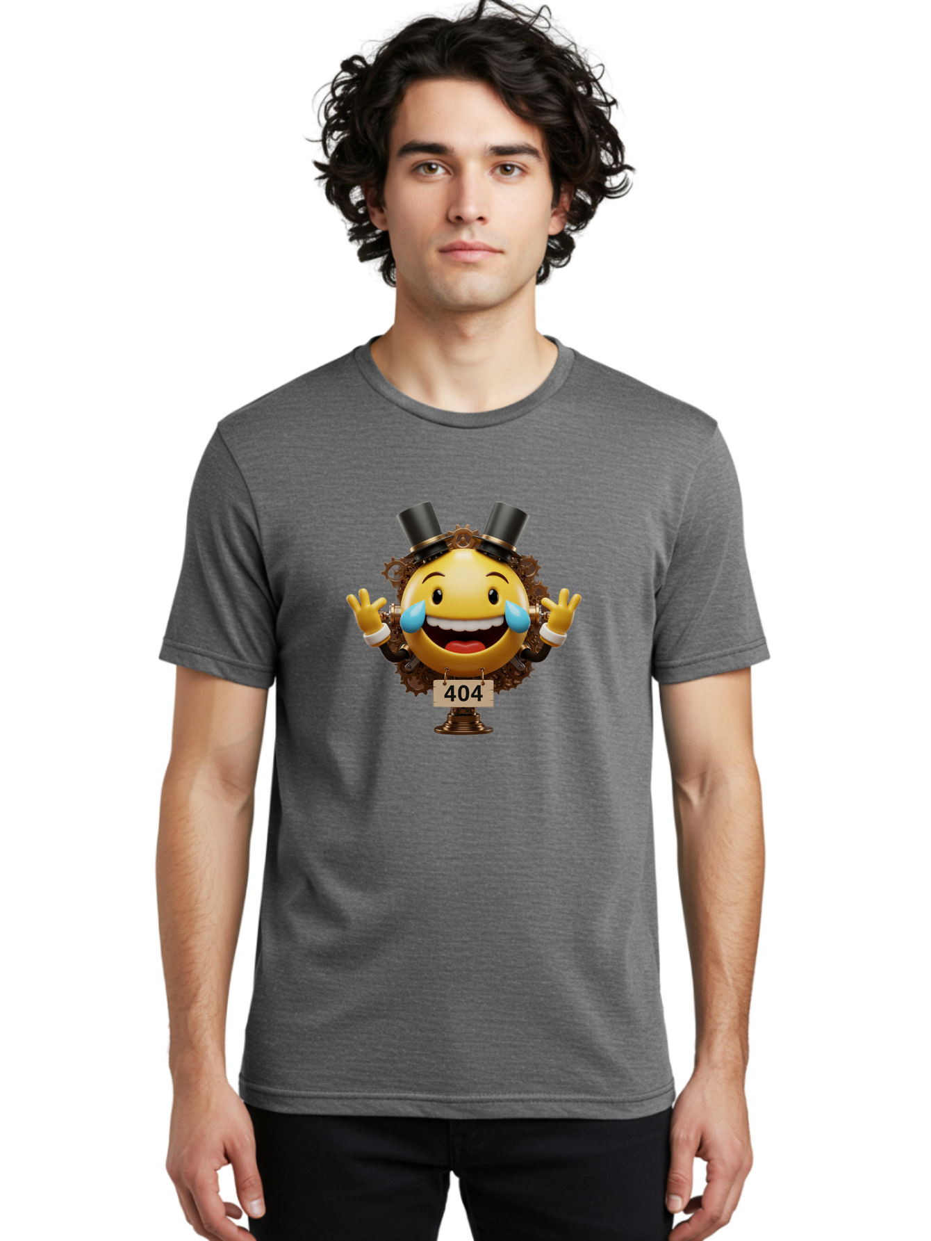 404-Steampunk-Emoji Men'S Graphic Tee, 100% Cotton, Comfortable Casual Summer Wear, Machine Washable, Steampunk Emoji, Laughing Crying Face, 404 Error Page, Steam Engine Gears, Top Hats, Quirky Design, Comical Illustration, Humorous Art, Baa110