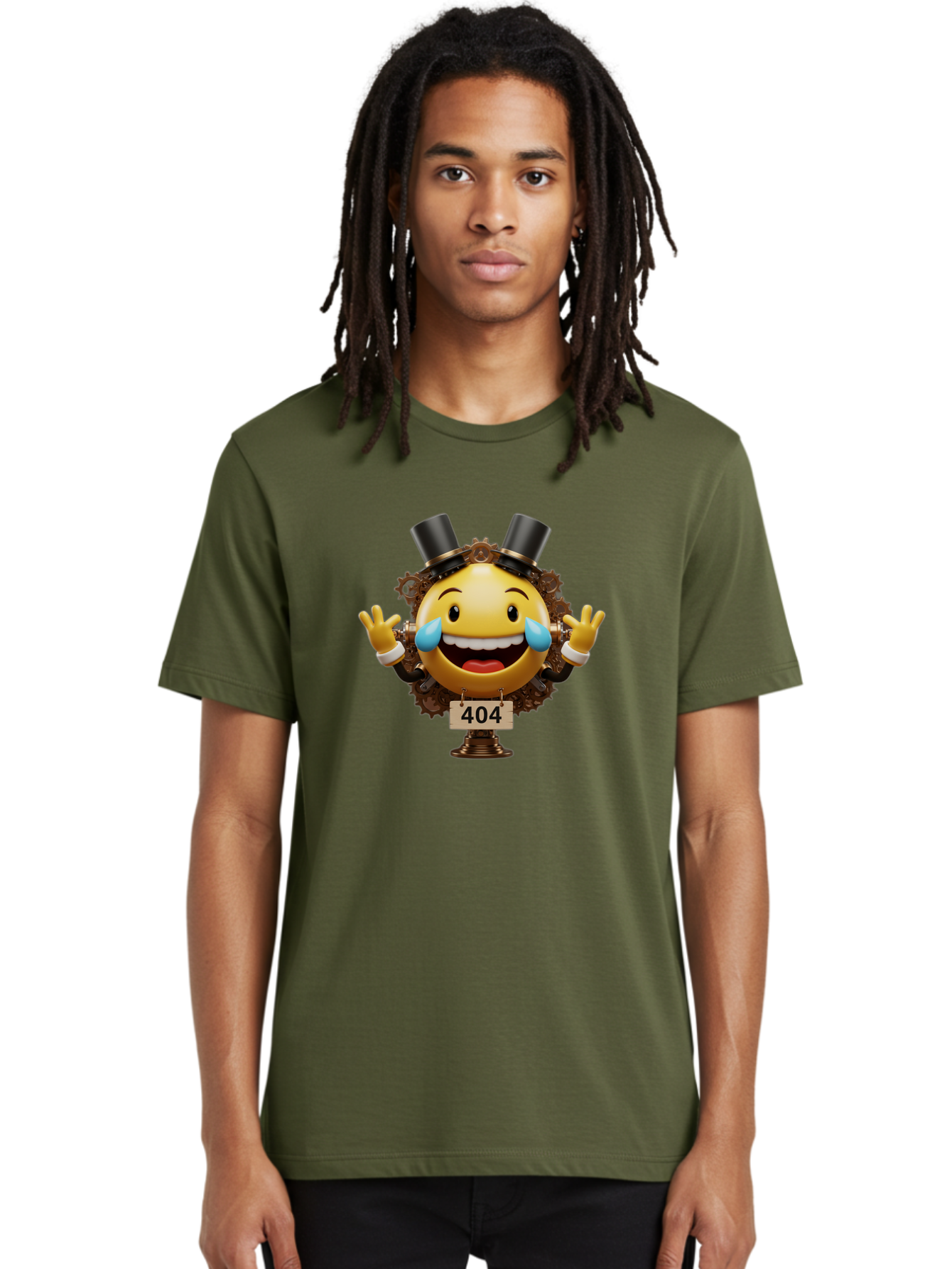 404-Steampunk-Emoji Men'S Graphic Tee, 100% Cotton, Comfortable Casual Summer Wear, Machine Washable, Steampunk Emoji, Laughing Crying Face, 404 Error Page, Steam Engine Gears, Top Hats, Quirky Design, Comical Illustration, Humorous Art, Baa110