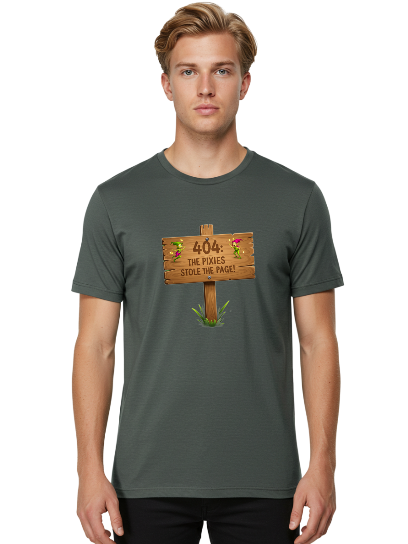 404-The-Pixies-Stole-The-Page Men'S Graphic Tee, 100% Cotton, Comfortable Casual Summer Wear, Machine Washable, Wooden Sign, Error 404, Mischievous Pixies, Lost Page, Playful Elves, Digital Mishaps, Website Errors, Fun, Mythical Creatures, Baa111