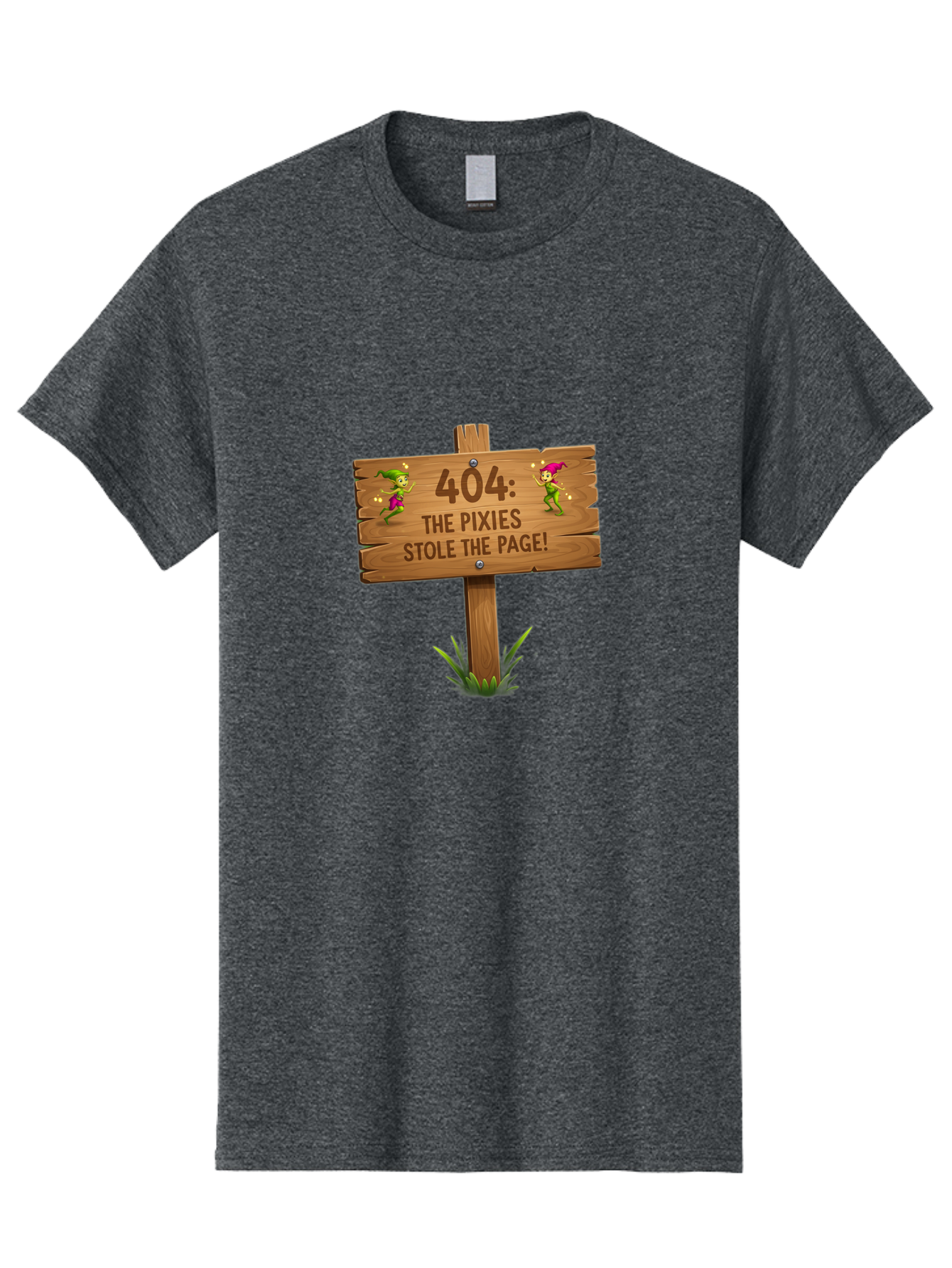 404-The-Pixies-Stole-The-Page Men'S Graphic Tee, 100% Cotton, Comfortable Casual Summer Wear, Machine Washable, Wooden Sign, Error 404, Mischievous Pixies, Lost Page, Playful Elves, Digital Mishaps, Website Errors, Fun, Mythical Creatures, Baa111