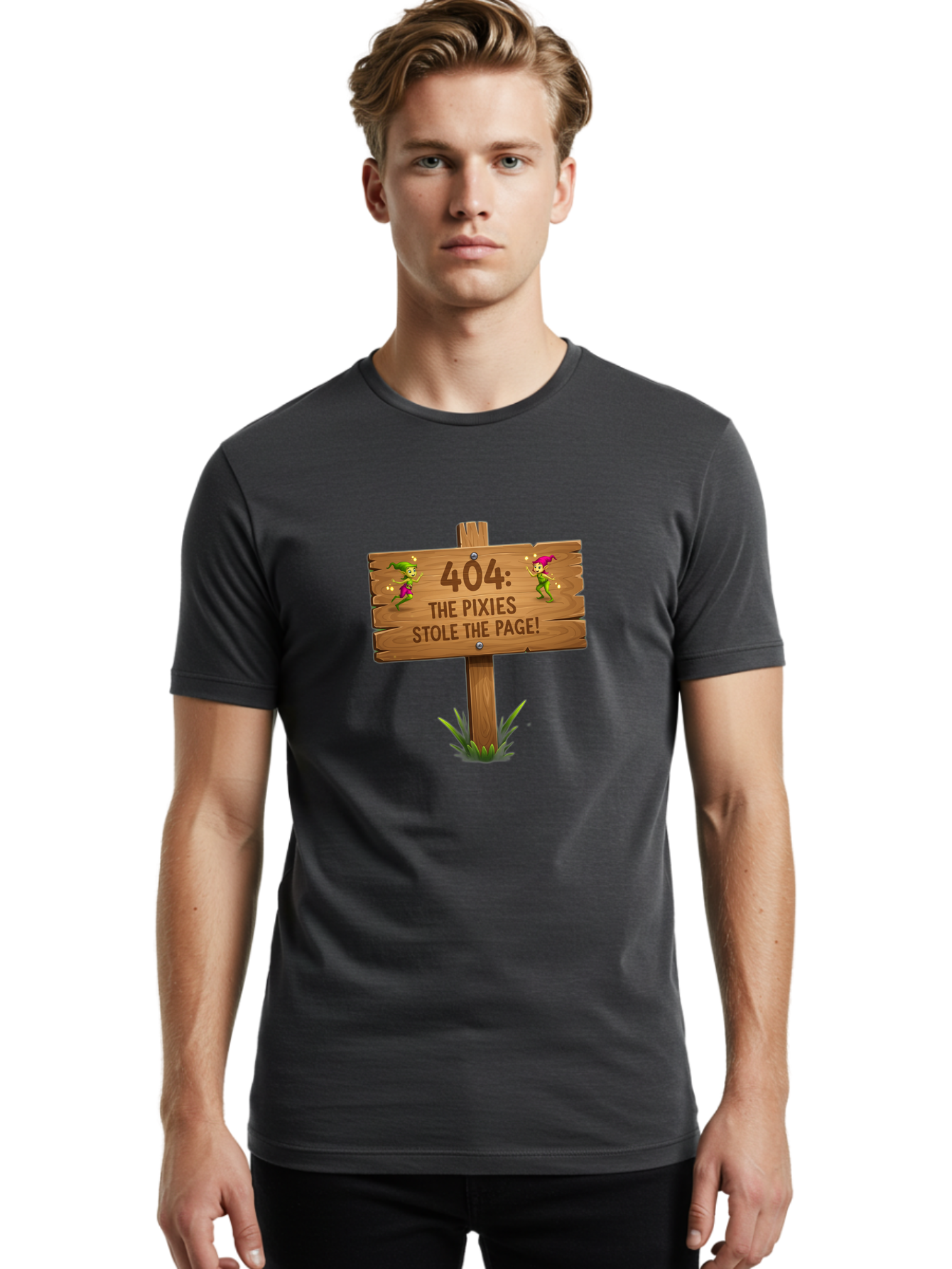 404-The-Pixies-Stole-The-Page Men'S Graphic Tee, 100% Cotton, Comfortable Casual Summer Wear, Machine Washable, Wooden Sign, Error 404, Mischievous Pixies, Lost Page, Playful Elves, Digital Mishaps, Website Errors, Fun, Mythical Creatures, Baa111