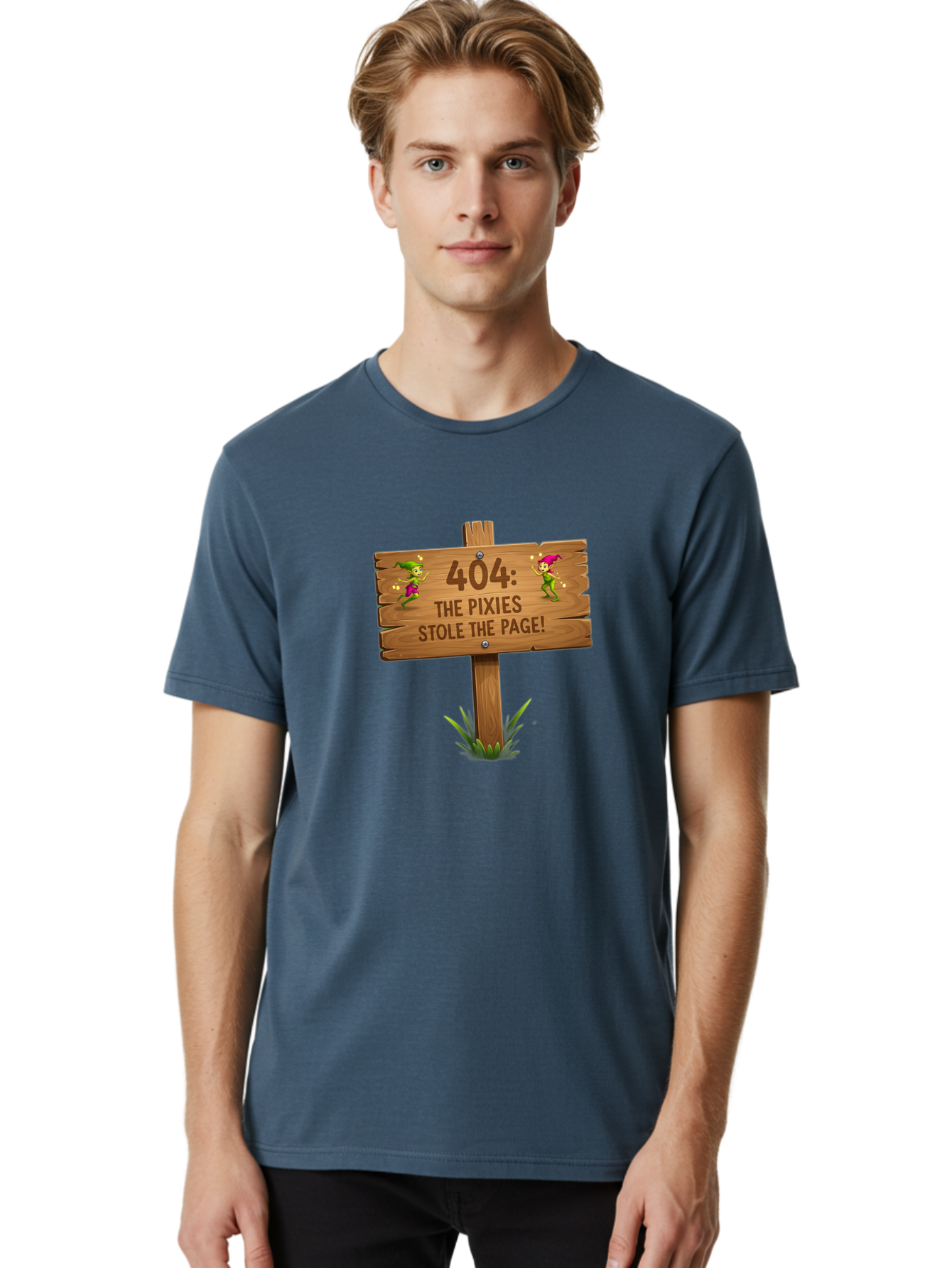 404-The-Pixies-Stole-The-Page Men'S Graphic Tee, 100% Cotton, Comfortable Casual Summer Wear, Machine Washable, Wooden Sign, Error 404, Mischievous Pixies, Lost Page, Playful Elves, Digital Mishaps, Website Errors, Fun, Mythical Creatures, Baa111