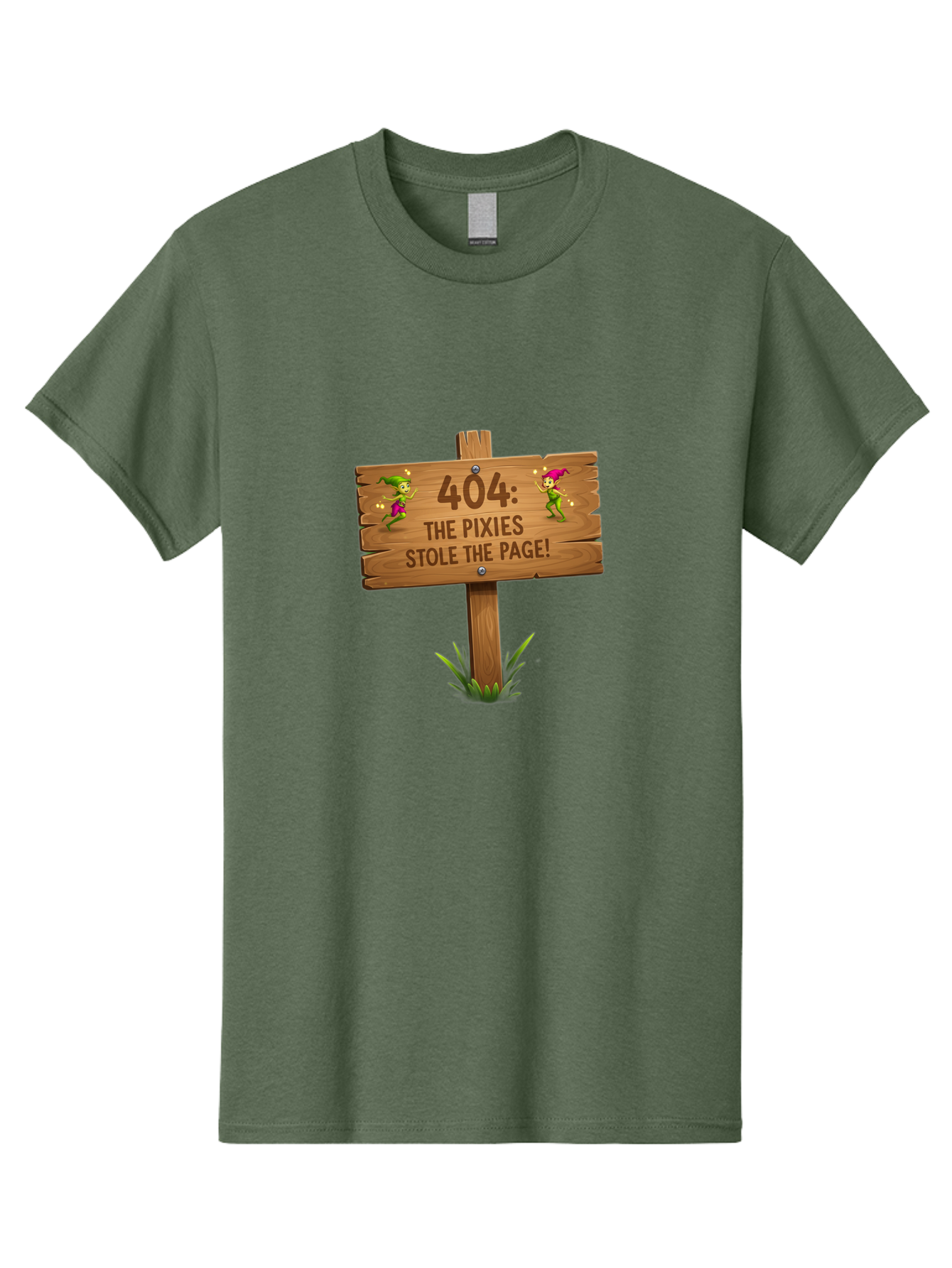 404-The-Pixies-Stole-The-Page Men'S Graphic Tee, 100% Cotton, Comfortable Casual Summer Wear, Machine Washable, Wooden Sign, Error 404, Mischievous Pixies, Lost Page, Playful Elves, Digital Mishaps, Website Errors, Fun, Mythical Creatures, Baa111