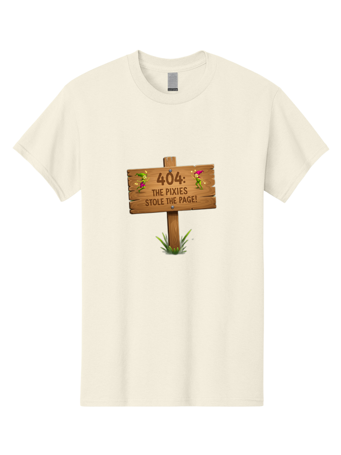 404-The-Pixies-Stole-The-Page Men'S Graphic Tee, 100% Cotton, Comfortable Casual Summer Wear, Machine Washable, Wooden Sign, Error 404, Mischievous Pixies, Lost Page, Playful Elves, Digital Mishaps, Website Errors, Fun, Mythical Creatures, Baa111