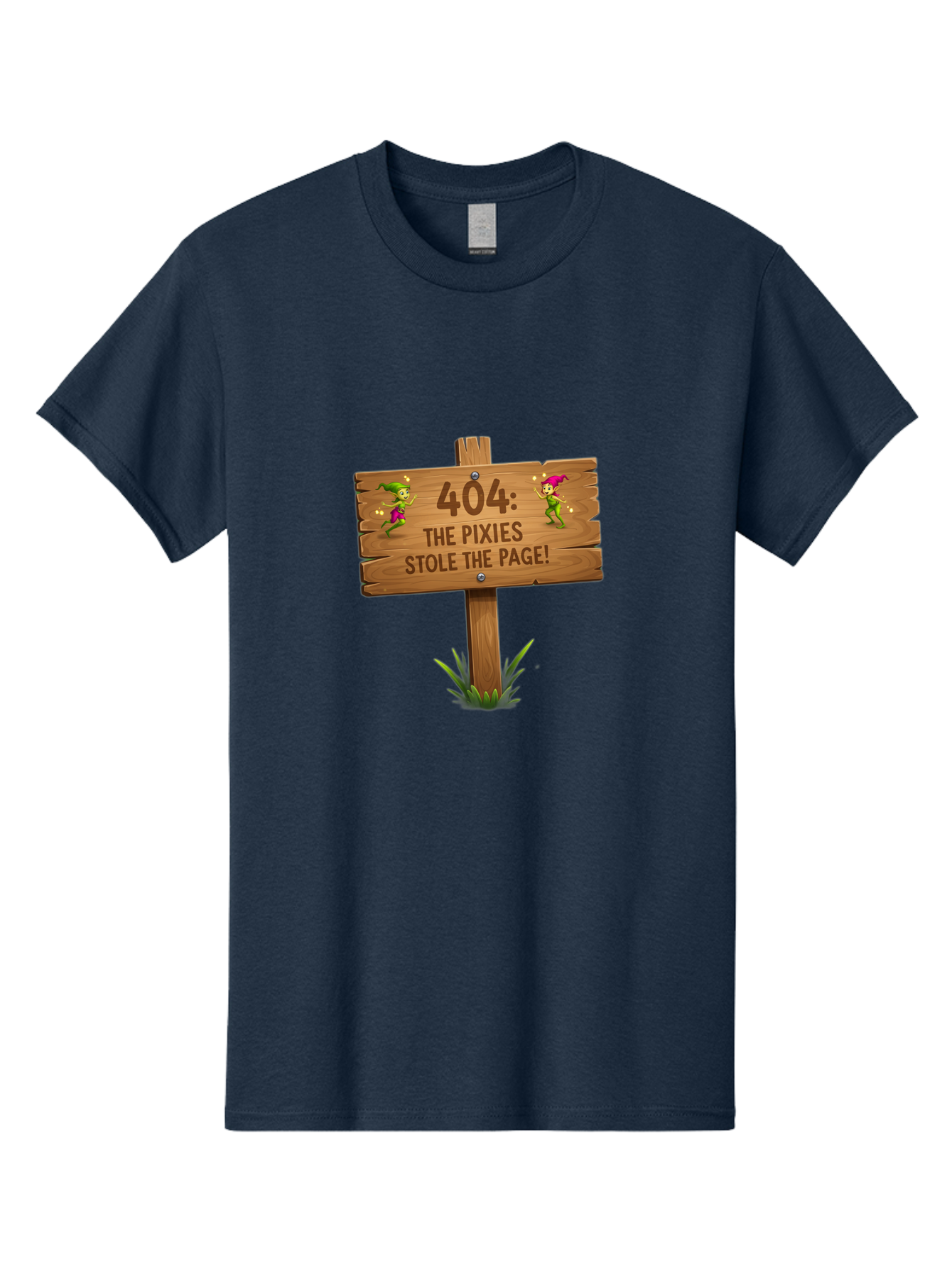 404-The-Pixies-Stole-The-Page Men'S Graphic Tee, 100% Cotton, Comfortable Casual Summer Wear, Machine Washable, Wooden Sign, Error 404, Mischievous Pixies, Lost Page, Playful Elves, Digital Mishaps, Website Errors, Fun, Mythical Creatures, Baa111