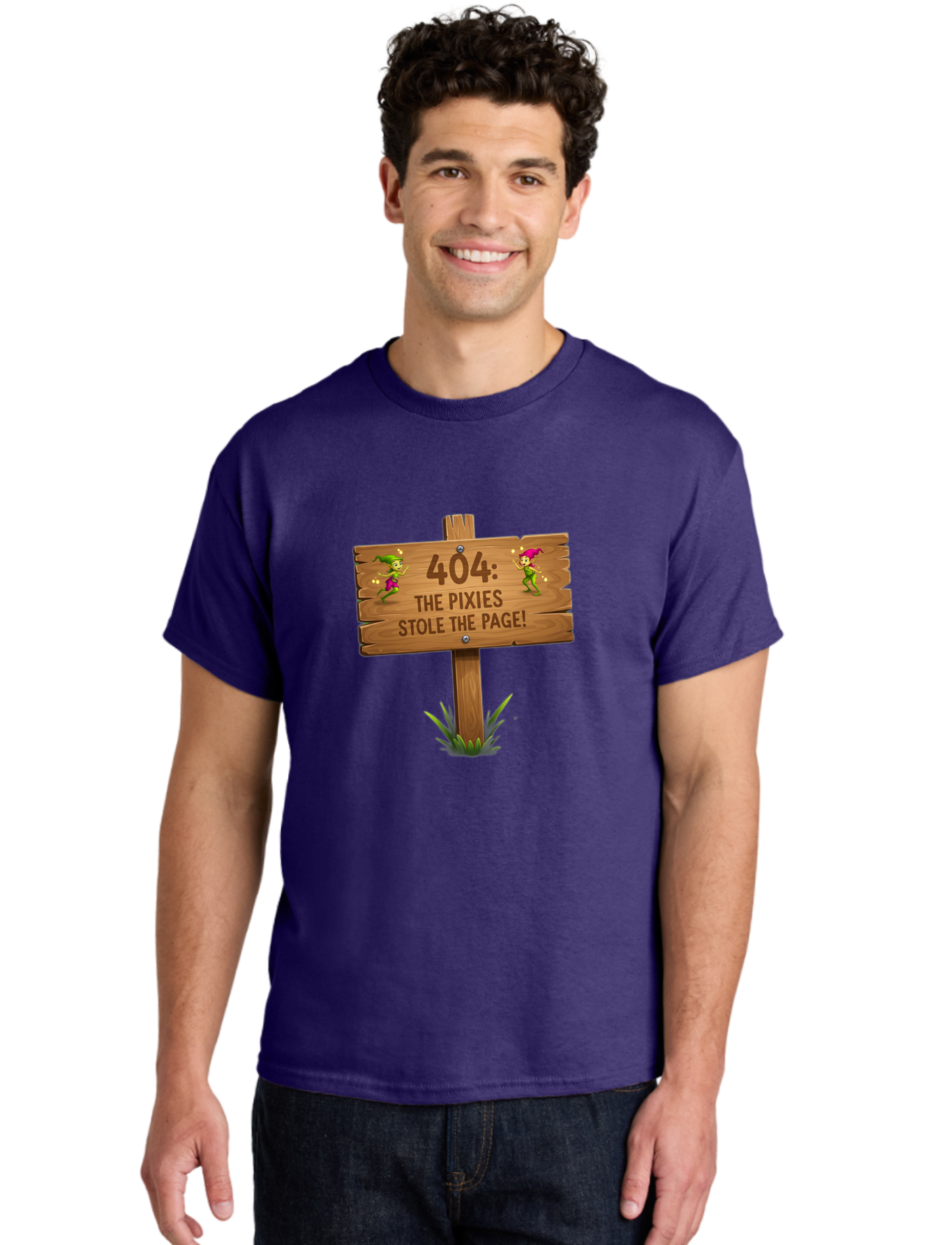 404-The-Pixies-Stole-The-Page Men'S Graphic Tee, 100% Cotton, Comfortable Casual Summer Wear, Machine Washable, Wooden Sign, Error 404, Mischievous Pixies, Lost Page, Playful Elves, Digital Mishaps, Website Errors, Fun, Mythical Creatures, Baa111