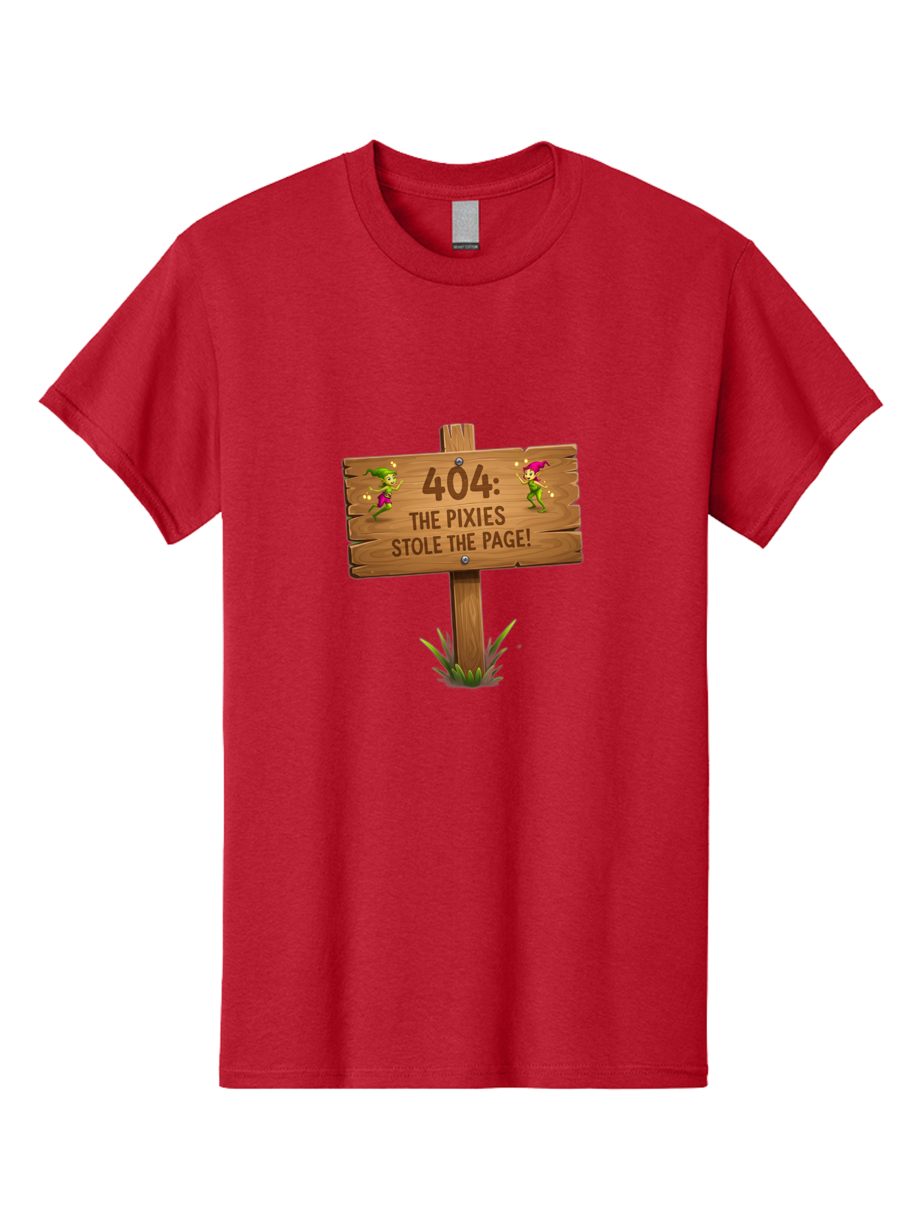 404-The-Pixies-Stole-The-Page Men'S Graphic Tee, 100% Cotton, Comfortable Casual Summer Wear, Machine Washable, Wooden Sign, Error 404, Mischievous Pixies, Lost Page, Playful Elves, Digital Mishaps, Website Errors, Fun, Mythical Creatures, Baa111