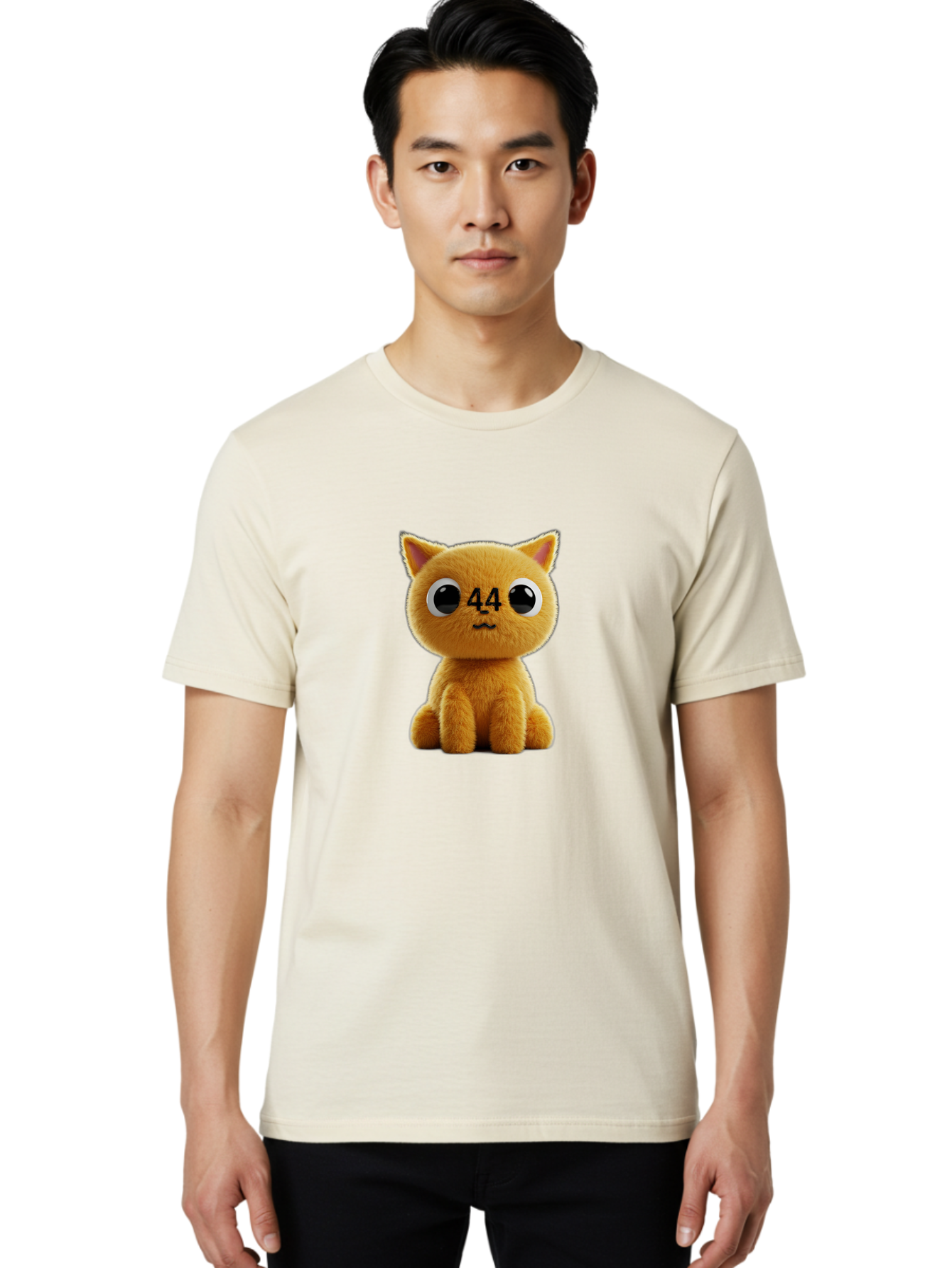 44 Men'S Graphic Tee, 100% Cotton, Comfortable Casual Summer Wear, Machine Washable, Cute Cartoon Cat, Funny Cat Design, Orange Cat Plush, Cartoonish Eyes, Adorable Facial Expression, Kawaii Character, Number 44 Design, Soft Toy Baa114
