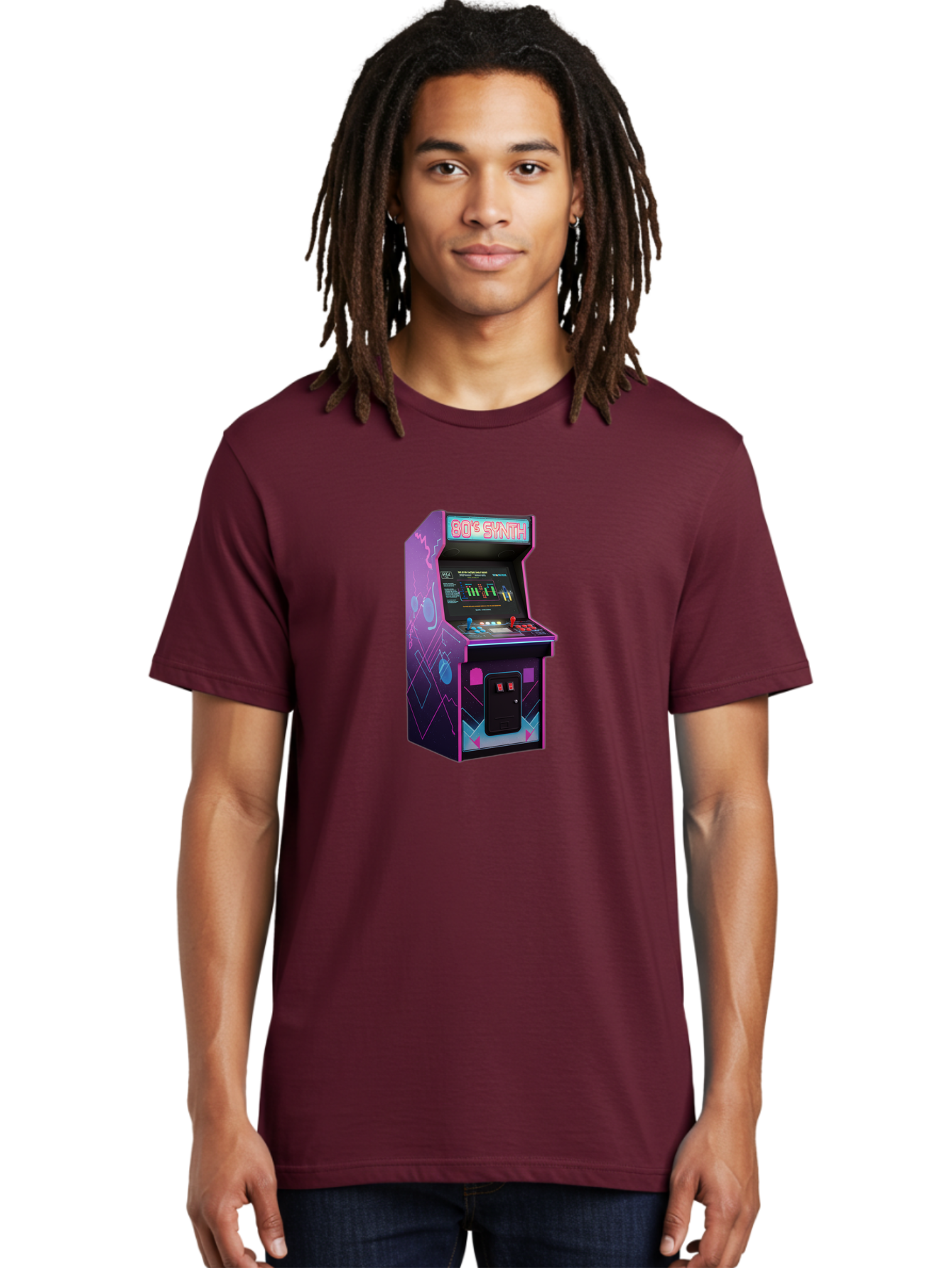 80-S-Synth-Arcade-Machine Men'S Graphic Tee, 100% Cotton, Comfortable Casual Summer Wear, Machine Washable, Retro Arcade Machine, Vintage Gaming, 80S Synth Music, Classic Video Games, Neon Lights, Pixel Art, Nostalgic Atmosphere, Baa115