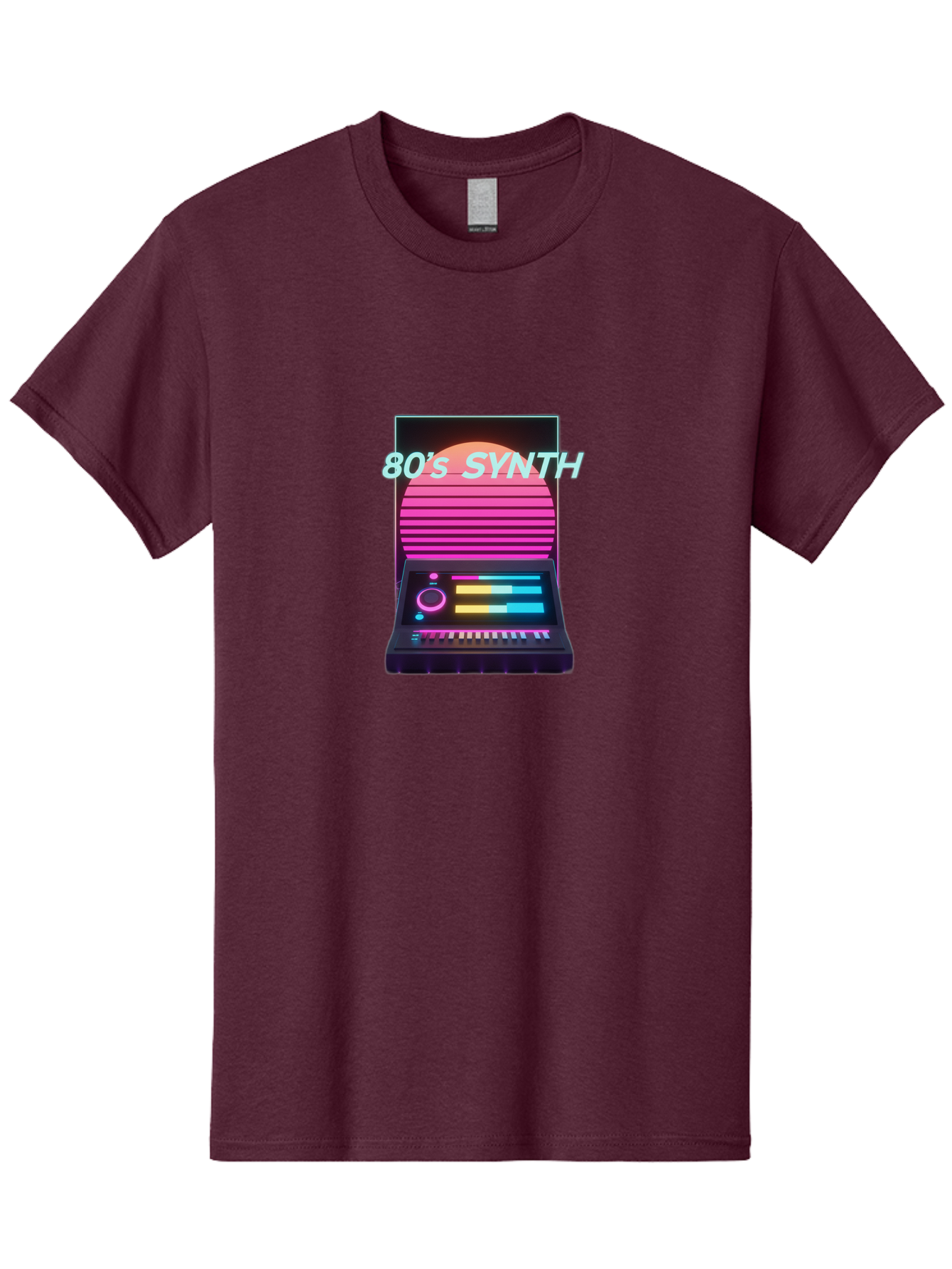 80-S-Synth Men'S Graphic Tee, 100% Cotton, Comfortable Casual Summer Wear, Machine Washable, Vintage Synthesizer, Retro 80S Aesthetic, Electronic Music Equipment, Pink And Orange Hues, Neon Lights, Colorful Sliders, Keyboard, Baa118