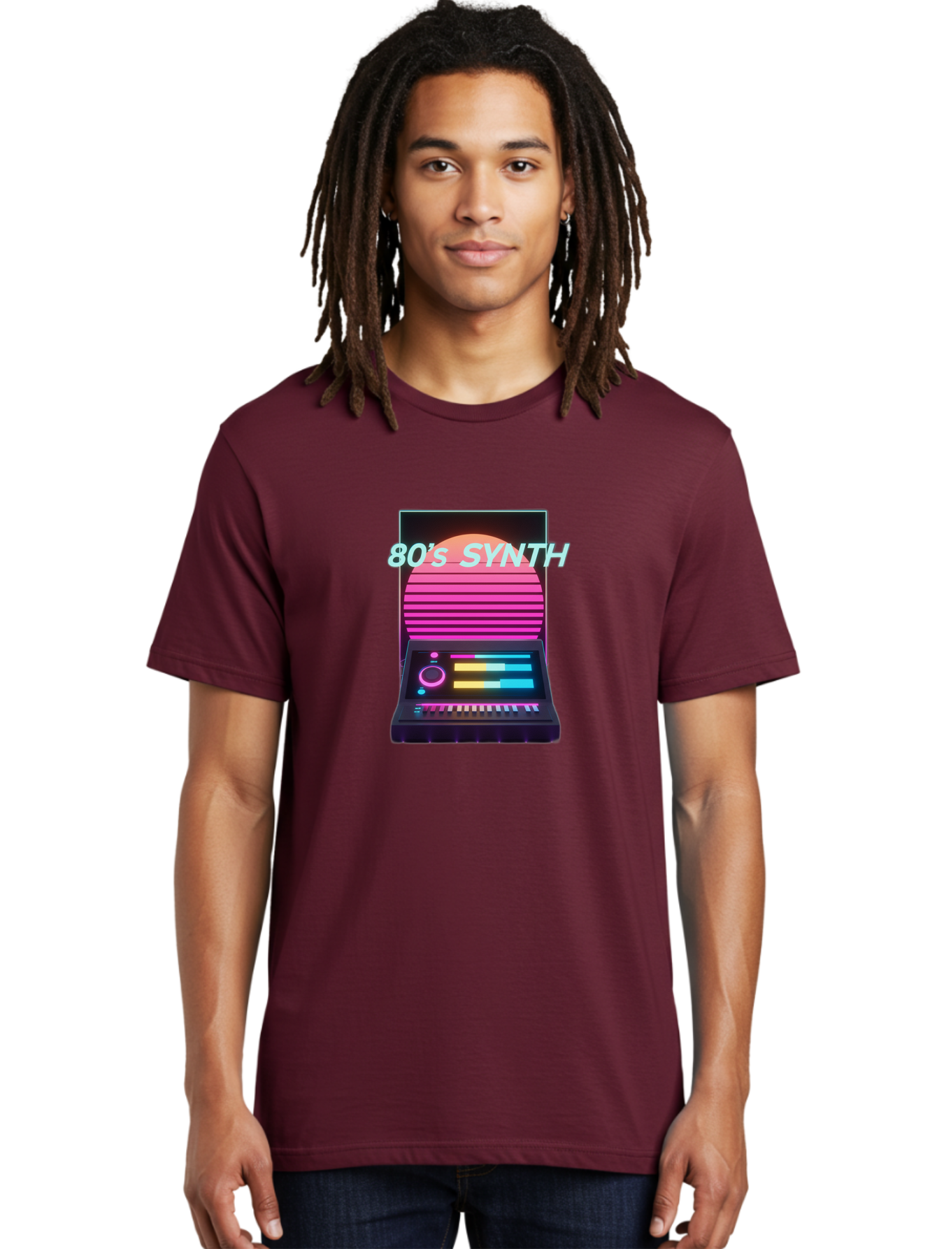 80-S-Synth Men'S Graphic Tee, 100% Cotton, Comfortable Casual Summer Wear, Machine Washable, Vintage Synthesizer, Retro 80S Aesthetic, Electronic Music Equipment, Pink And Orange Hues, Neon Lights, Colorful Sliders, Keyboard, Baa118