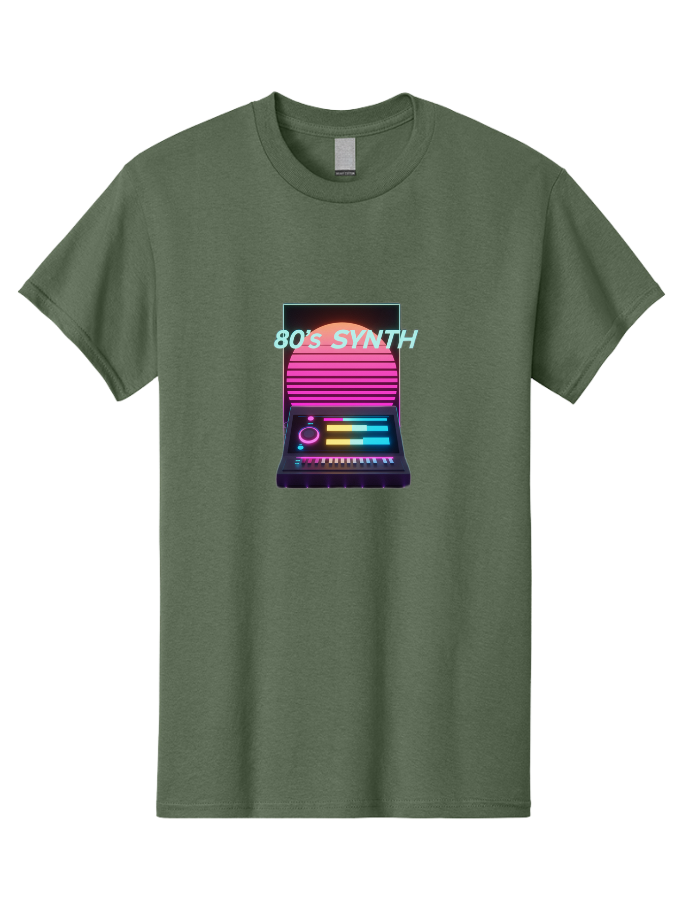 80-S-Synth Men'S Graphic Tee, 100% Cotton, Comfortable Casual Summer Wear, Machine Washable, Vintage Synthesizer, Retro 80S Aesthetic, Electronic Music Equipment, Pink And Orange Hues, Neon Lights, Colorful Sliders, Keyboard, Baa118