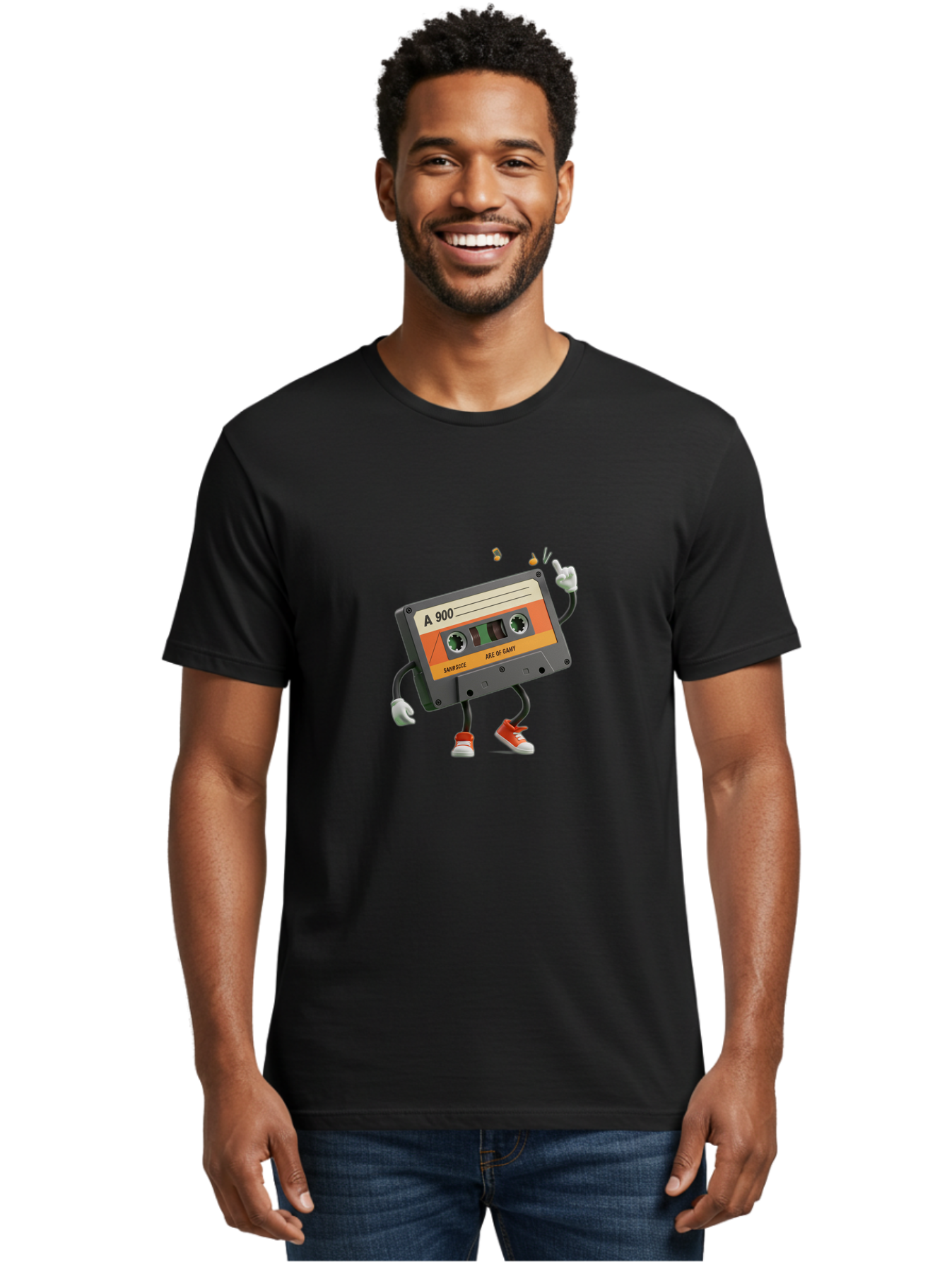 A-900 Men'S Graphic Tee, 100% Cotton, Comfortable Casual Summer Wear, Machine Washable, Retro Cassette Mixtape, A 900, Vintage Music, Age Of Saint, Nostalgic Vibes, Funky Character, Orange And Grey, Red Shoes, Thumbs Up, Baa122