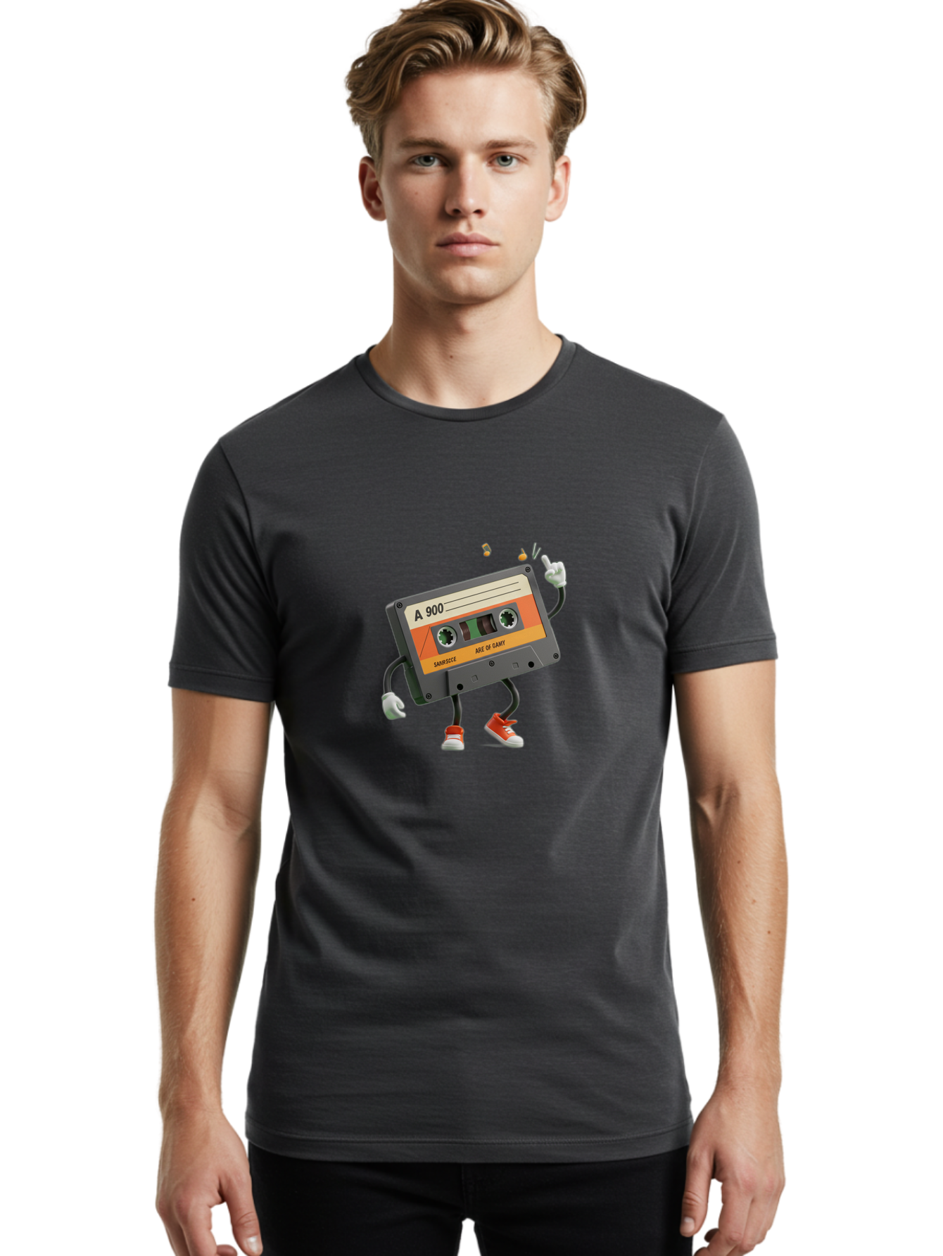 A-900 Men'S Graphic Tee, 100% Cotton, Comfortable Casual Summer Wear, Machine Washable, Retro Cassette Mixtape, A 900, Vintage Music, Age Of Saint, Nostalgic Vibes, Funky Character, Orange And Grey, Red Shoes, Thumbs Up, Baa122