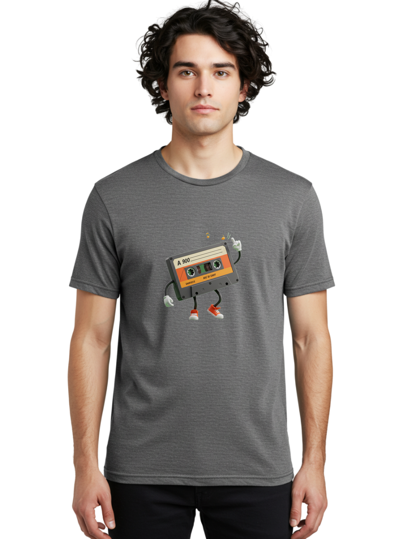 A-900 Men'S Graphic Tee, 100% Cotton, Comfortable Casual Summer Wear, Machine Washable, Retro Cassette Mixtape, A 900, Vintage Music, Age Of Saint, Nostalgic Vibes, Funky Character, Orange And Grey, Red Shoes, Thumbs Up, Baa122