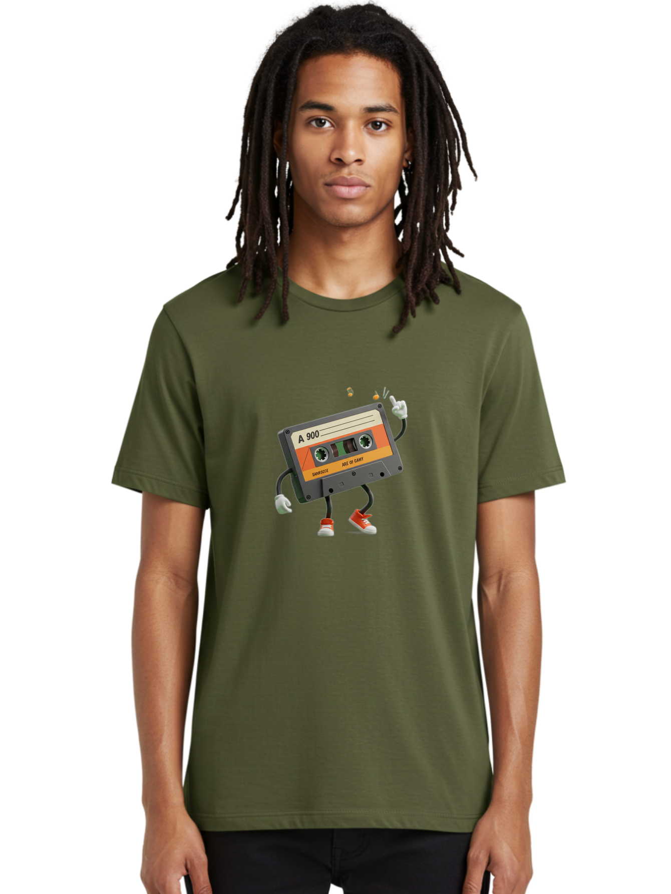 A-900 Men'S Graphic Tee, 100% Cotton, Comfortable Casual Summer Wear, Machine Washable, Retro Cassette Mixtape, A 900, Vintage Music, Age Of Saint, Nostalgic Vibes, Funky Character, Orange And Grey, Red Shoes, Thumbs Up, Baa122